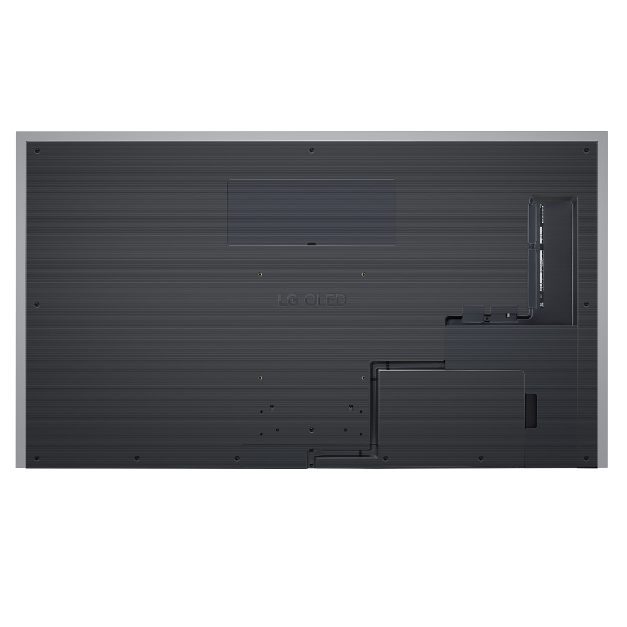 Parte trasera de un televisor OLED negro con puertos y panel trasero texturizado.