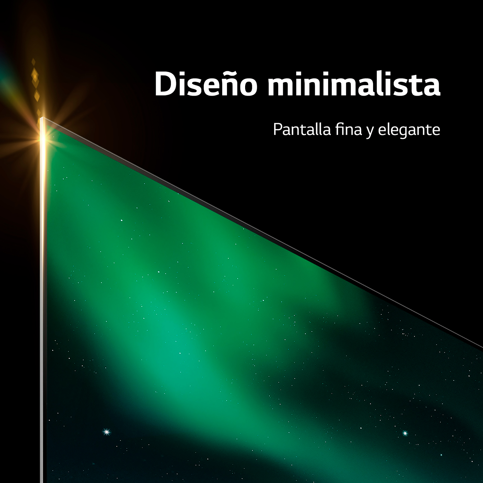 Una pantalla de TV moderna con una escena verde de aurora boreal, con fondo oscuro y borde blanco.