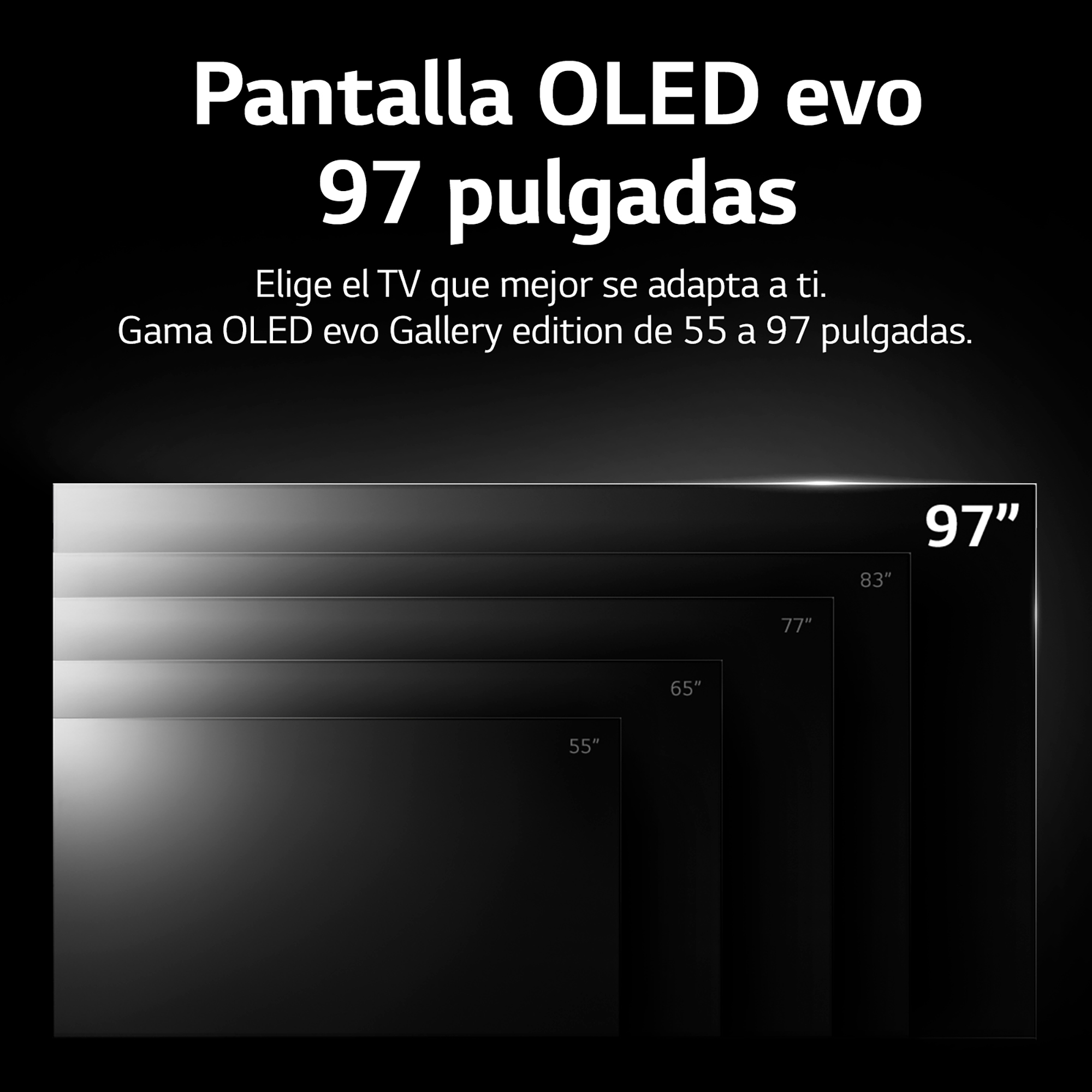 Anuncio de televisor OLED evo de 97 pulgadas, con comparaciones de tamaño.