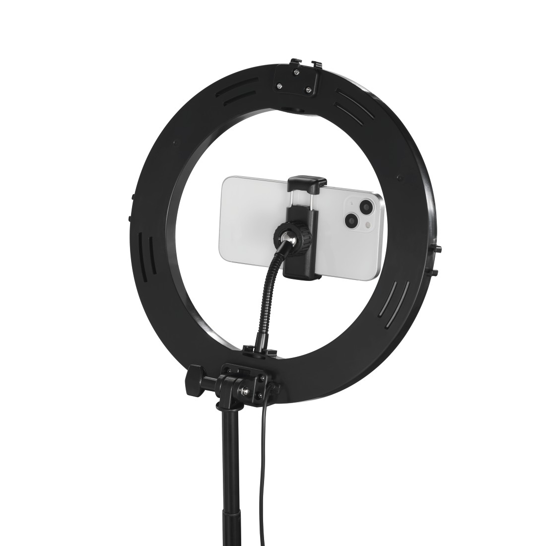 Ein schwarzes Ringlicht mit einem Telefon, auf weißem Hintergrund.