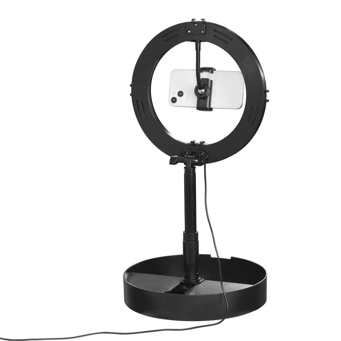 Schwarzes Ringlicht mit Telefonhalter und weißem Telefon.