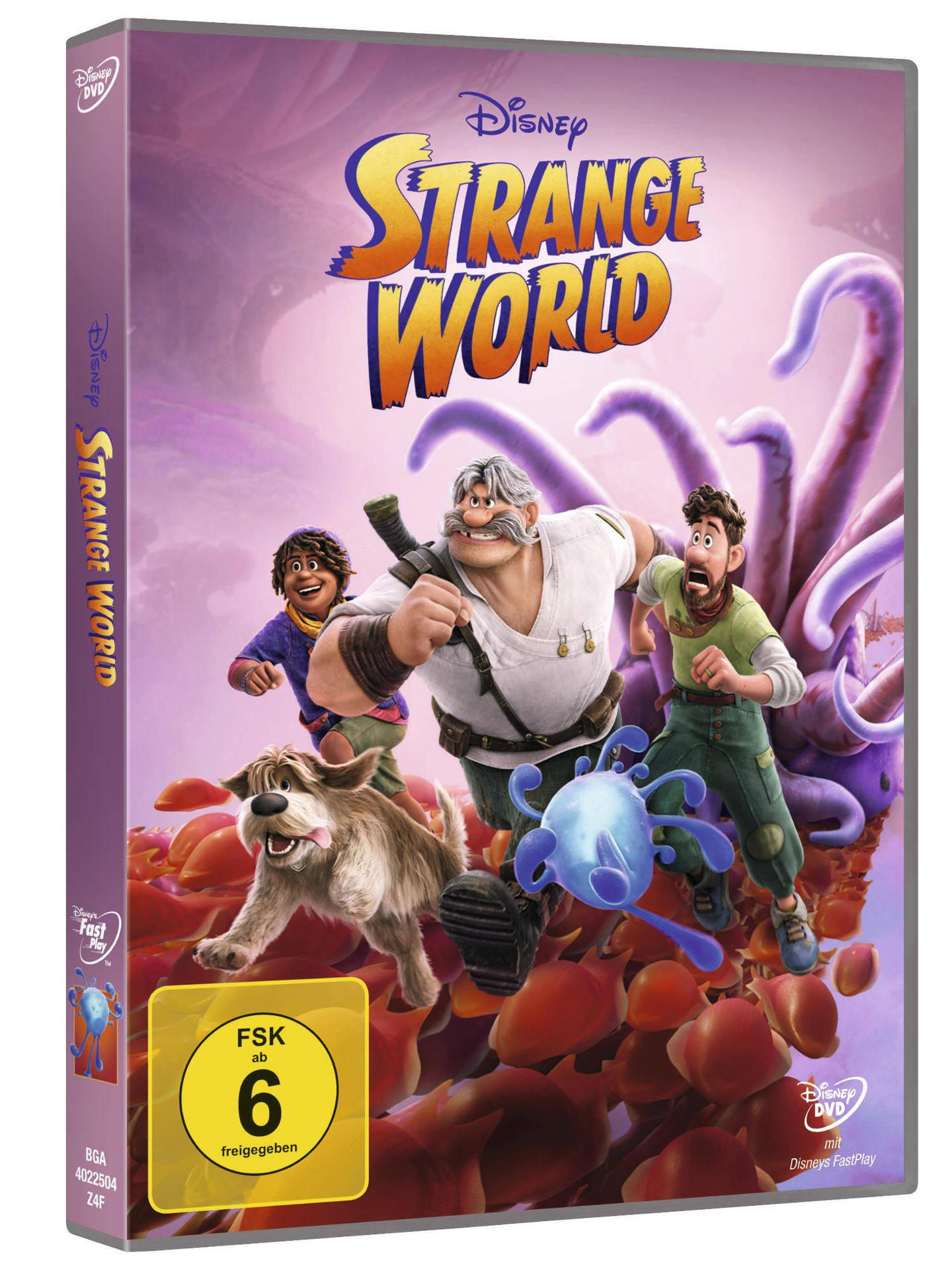 DVD-Hülle für den Film 'Strange World' mit animierten Charakteren auf dem Cover.