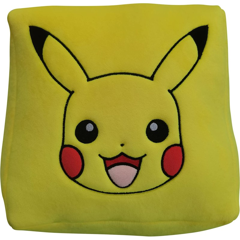 Almohada amarilla de Pikachu con contorno negro y detalles faciales.