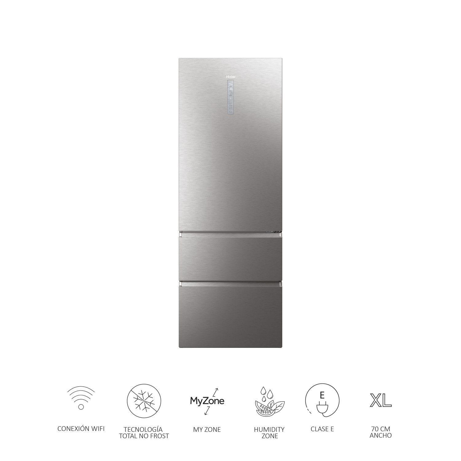 Refrigerador plateado con dos cajones y puerta de congelador. Características: Wifi, Total No Frost, My Zone.