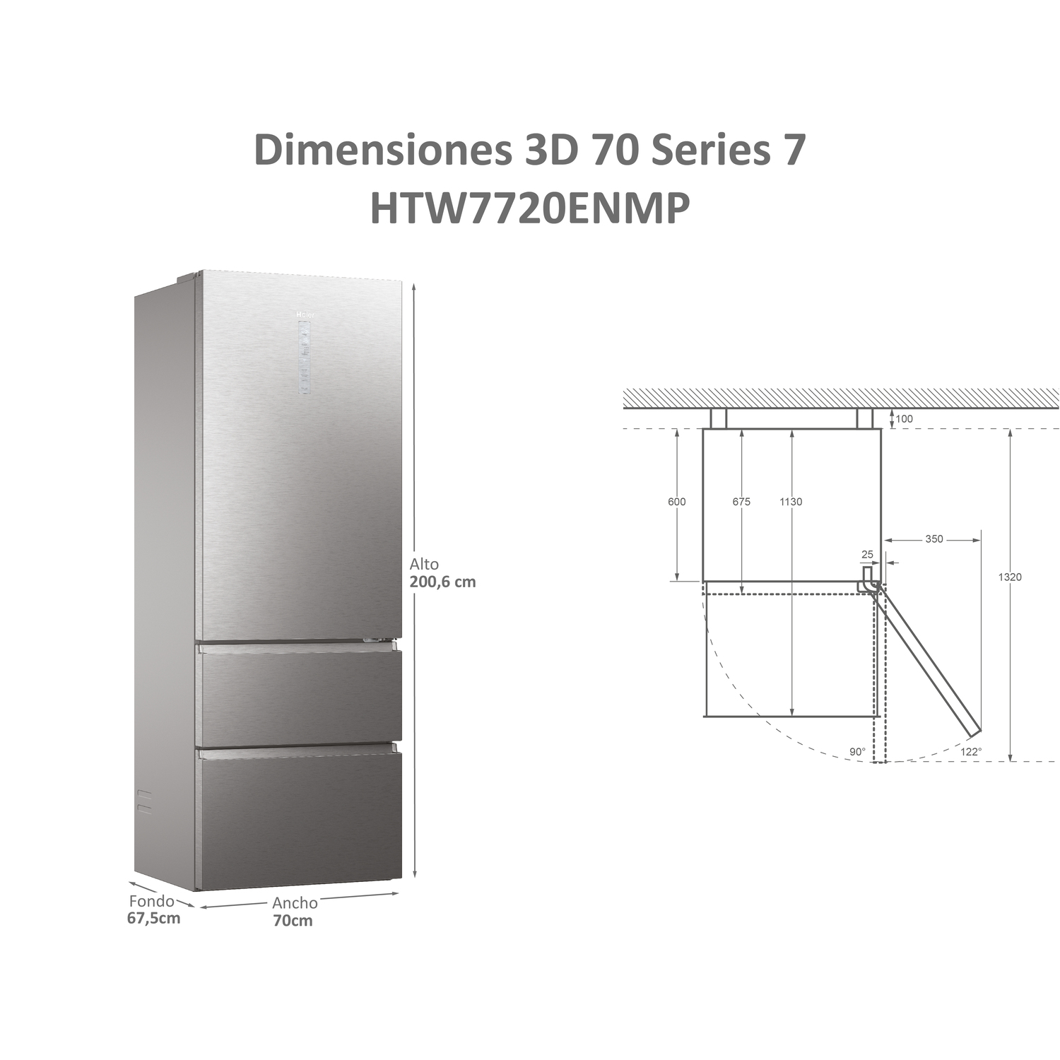 Refrigerador plateado con dimensiones y diagrama de apertura. Fondo blanco.
