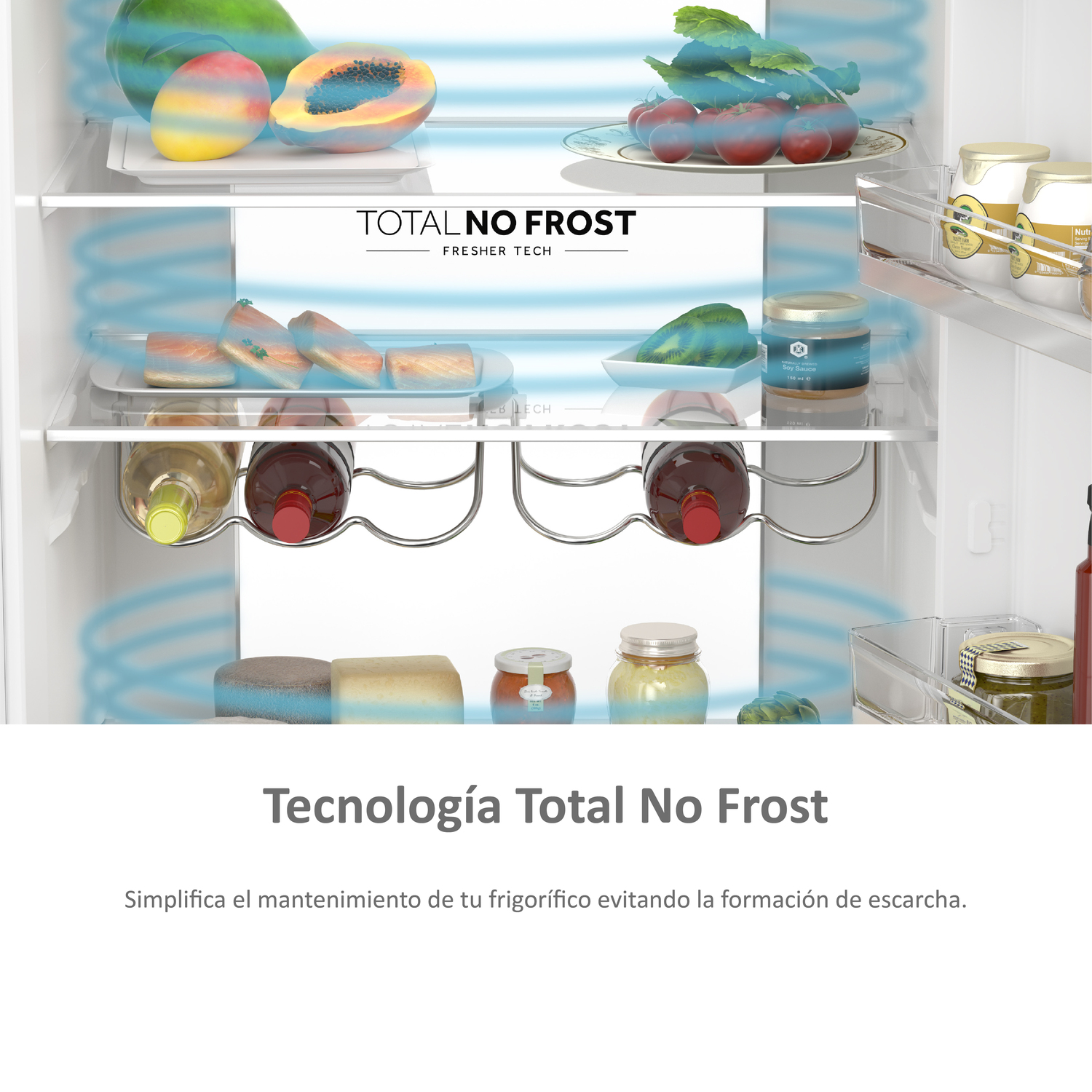 Interior del refrigerador con alimentos y botellas de vino. Texto: Total No Frost Fresher Tech.
