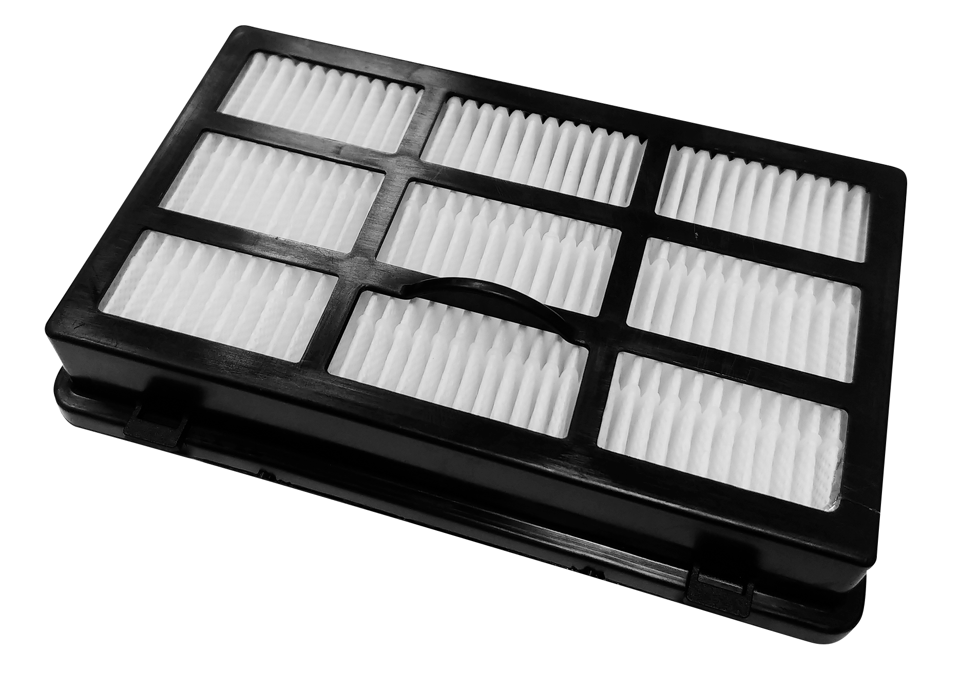 Rechteckiger schwarzer Filter mit weißem Filtermedium.