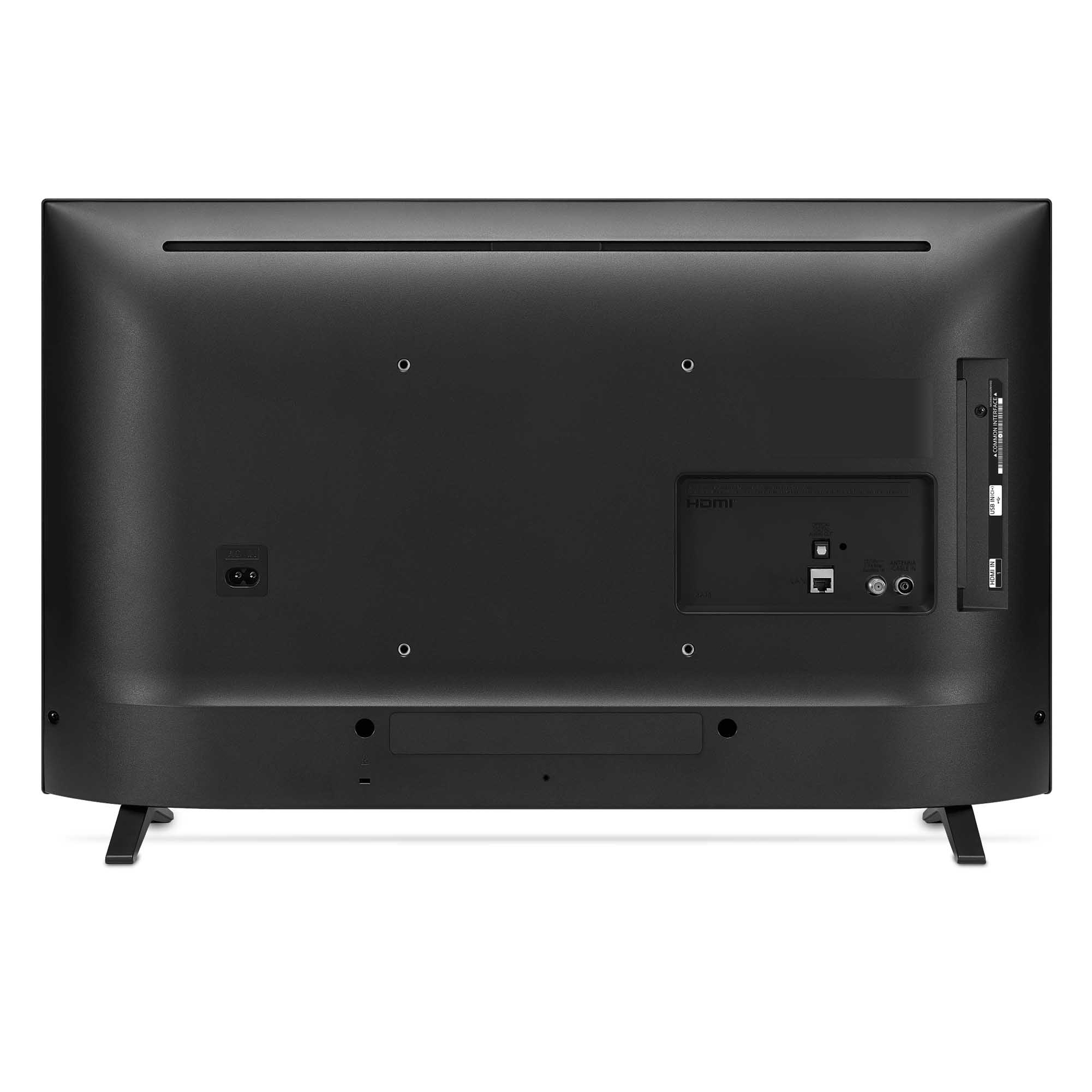 Parte trasera del televisor negro con puertos y conectores visibles, con soportes.