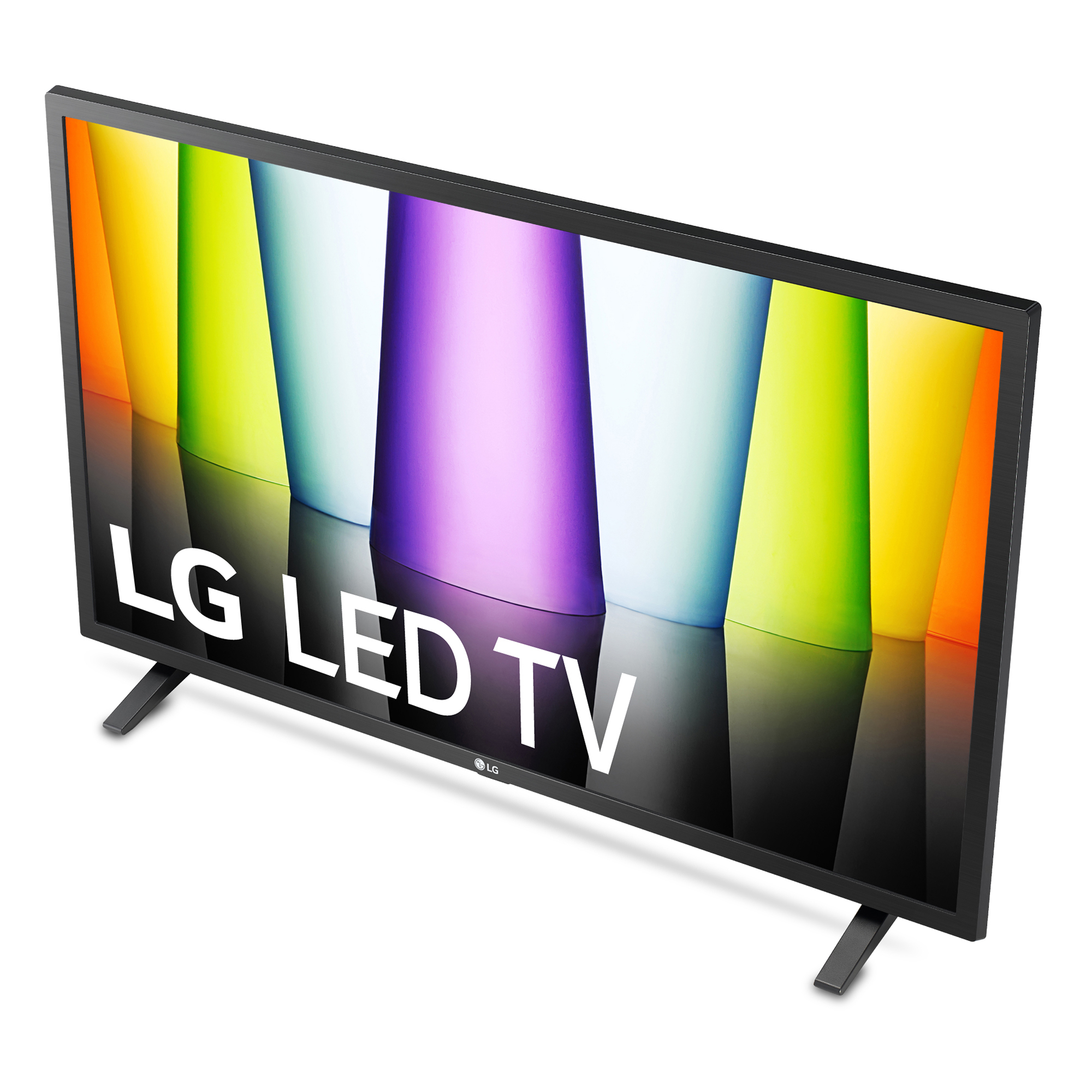 TV LED LG, marco negro, pantalla colorida con el logo de LG.