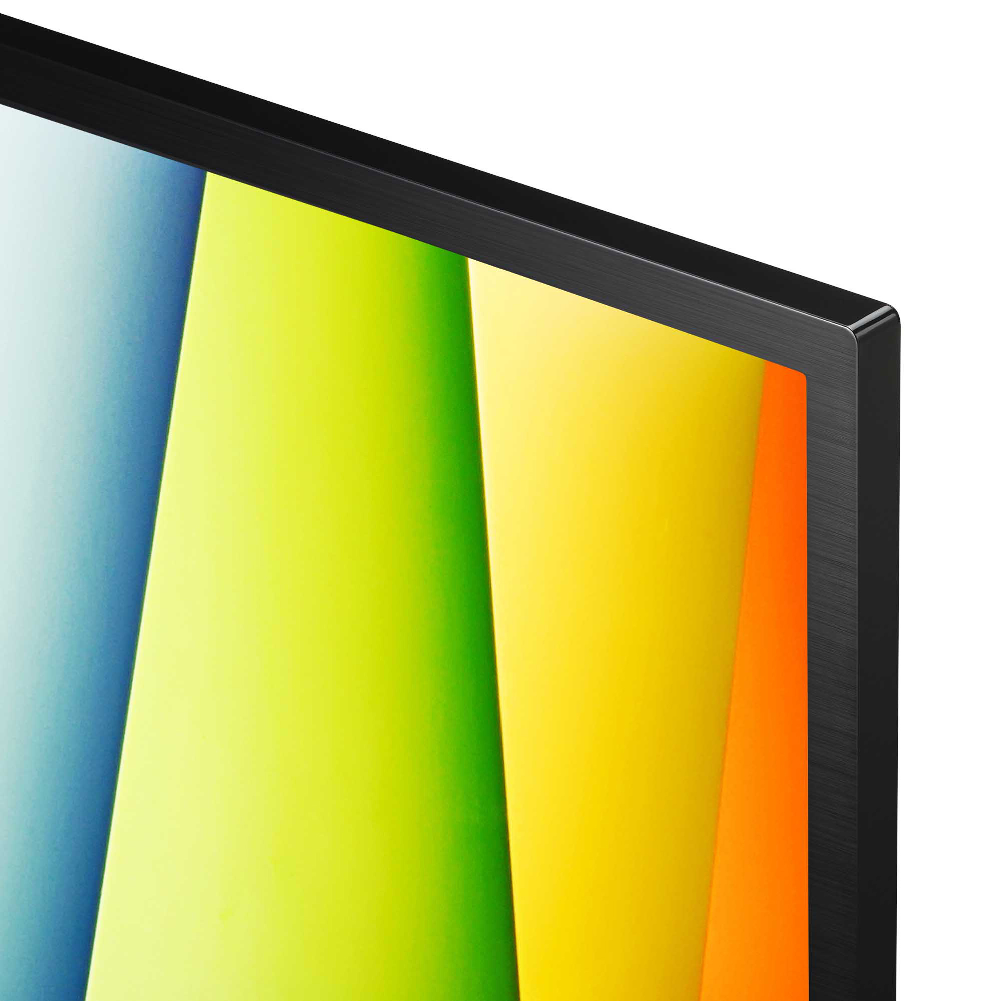 Primer plano de un monitor colorido con marco negro. La pantalla tiene formas geométricas abstractas.