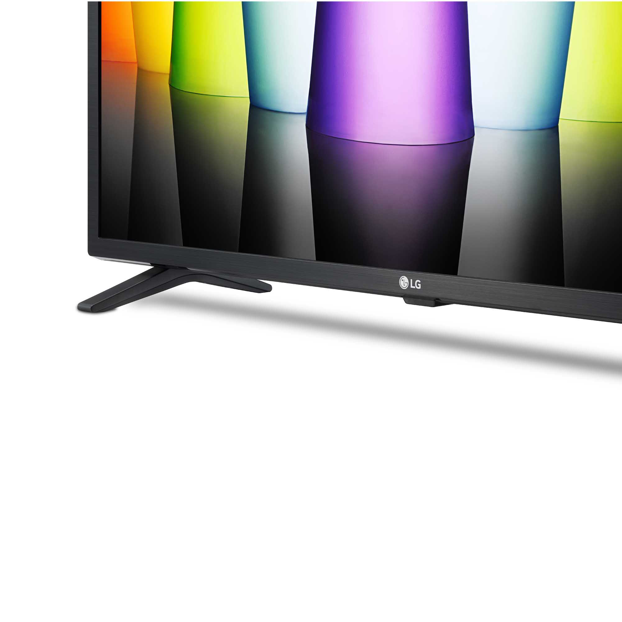 Una pantalla de TV mostrando arte abstracto colorido, con marco y patas negras, fondo blanco.