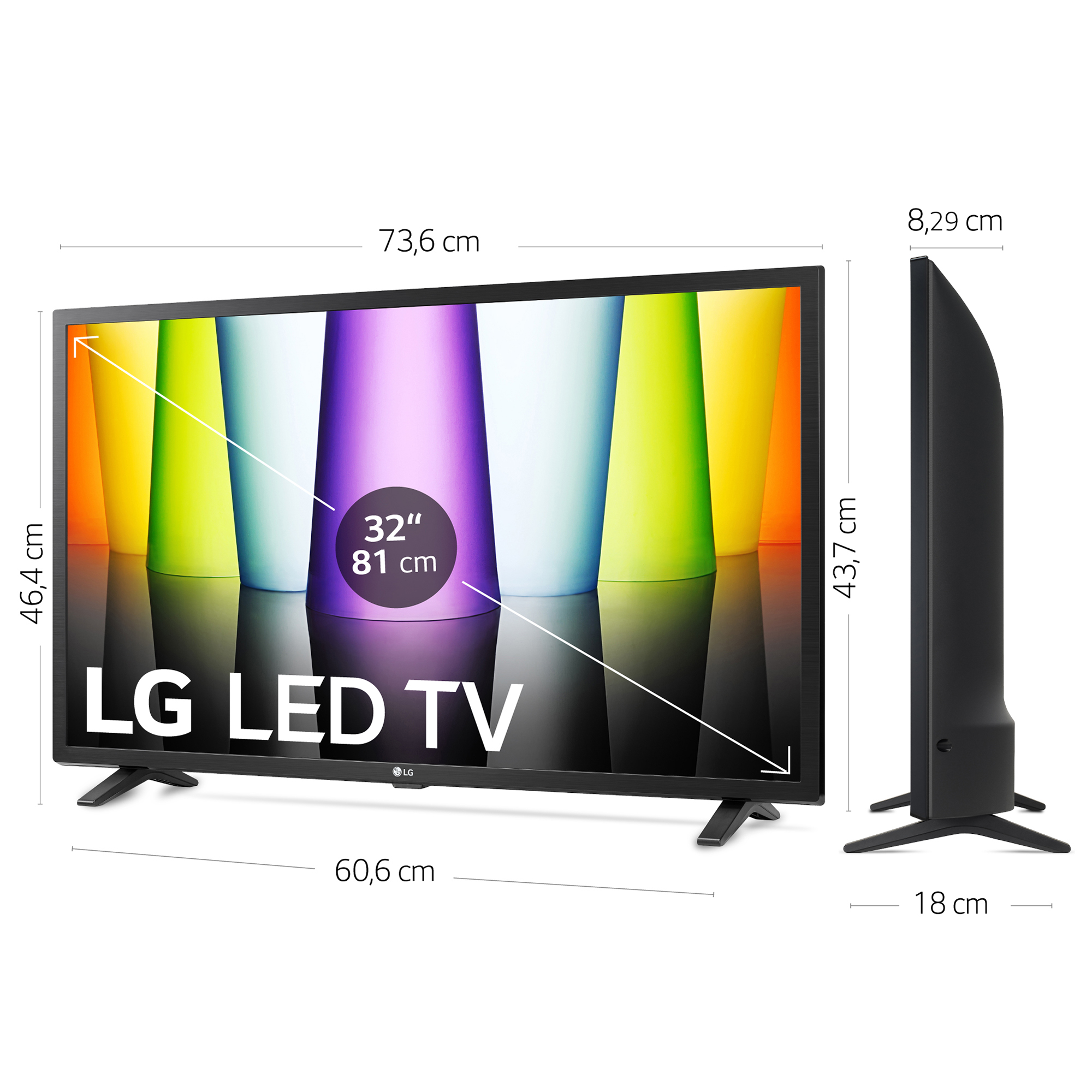 Un televisor LED LG, pantalla de 32 pulgadas, con dimensiones. La pantalla muestra formas abstractas coloridas.