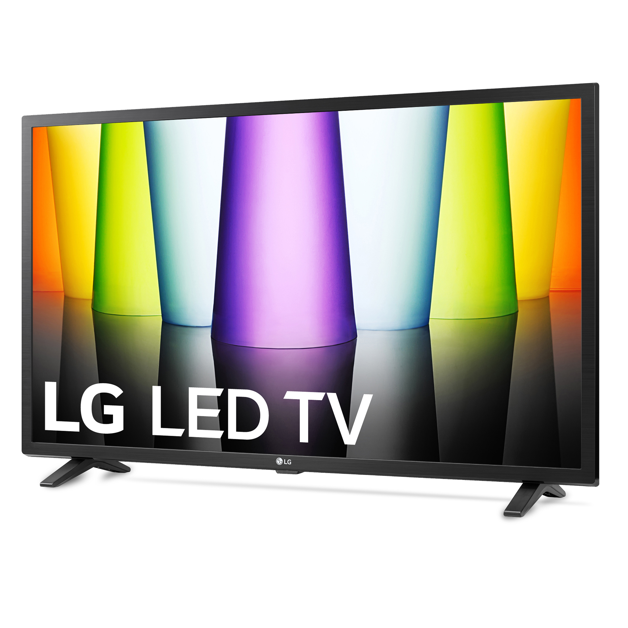 TV negro con fondo colorido y logotipo LG LED TV.