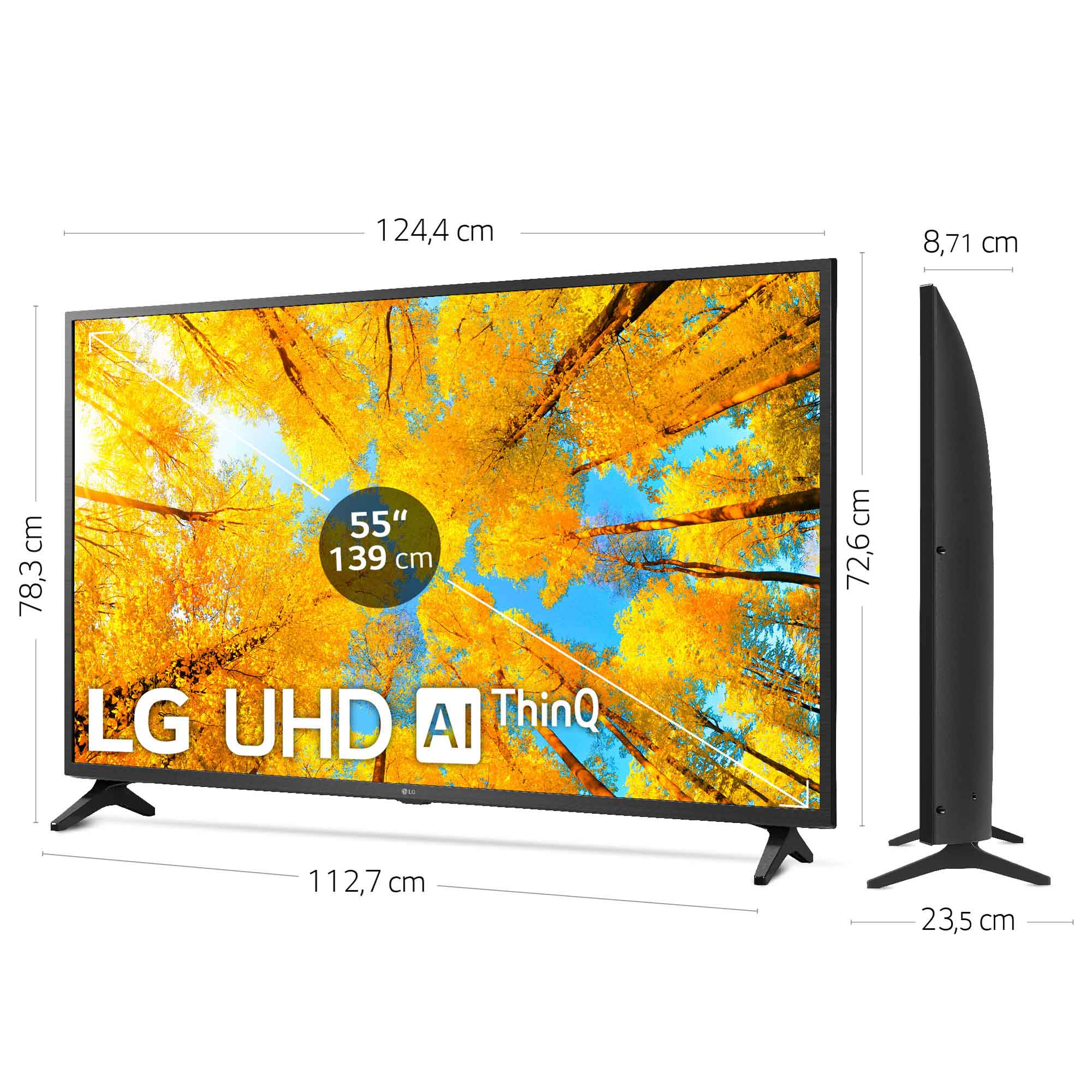 TV LG de 55 pulgadas. En la pantalla, un bosque con árboles amarillos.