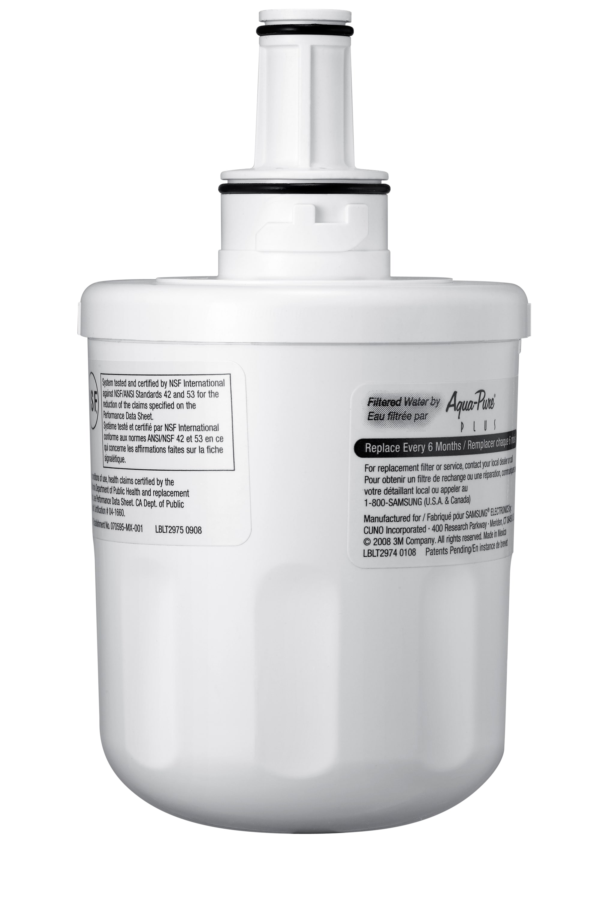 Un filtro de agua blanco. Es cilíndrico con una banda negra y una parte superior.
