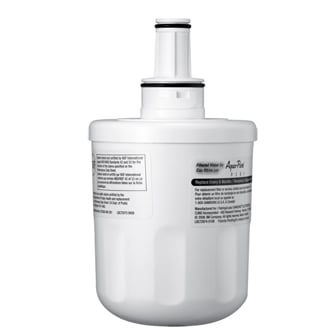 Un cartucho de filtro de agua blanco con texto. El fondo es blanco.