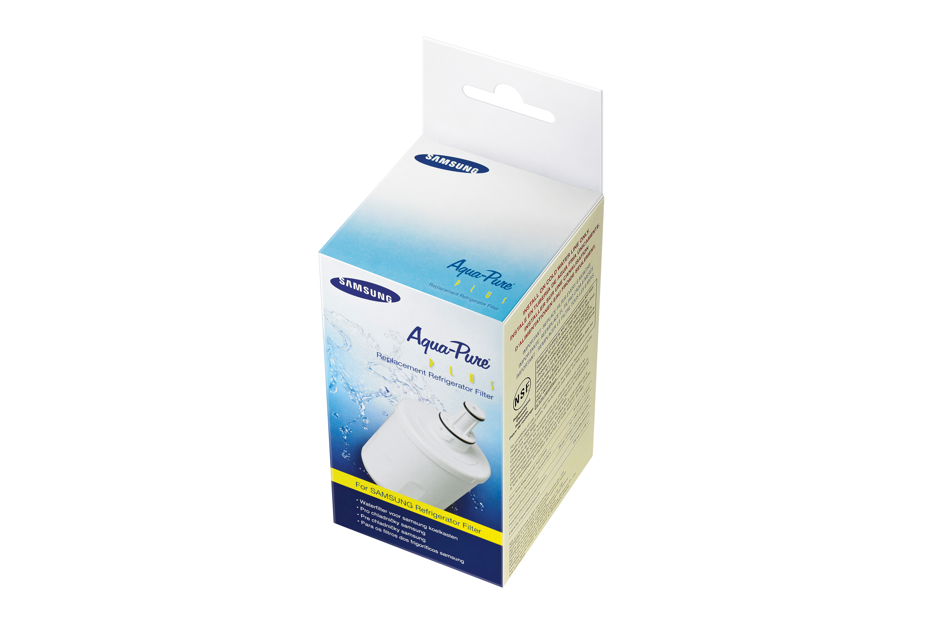 Una caja blanca y azul para un filtro de refrigerador Samsung. El filtro es visible dentro de la caja.