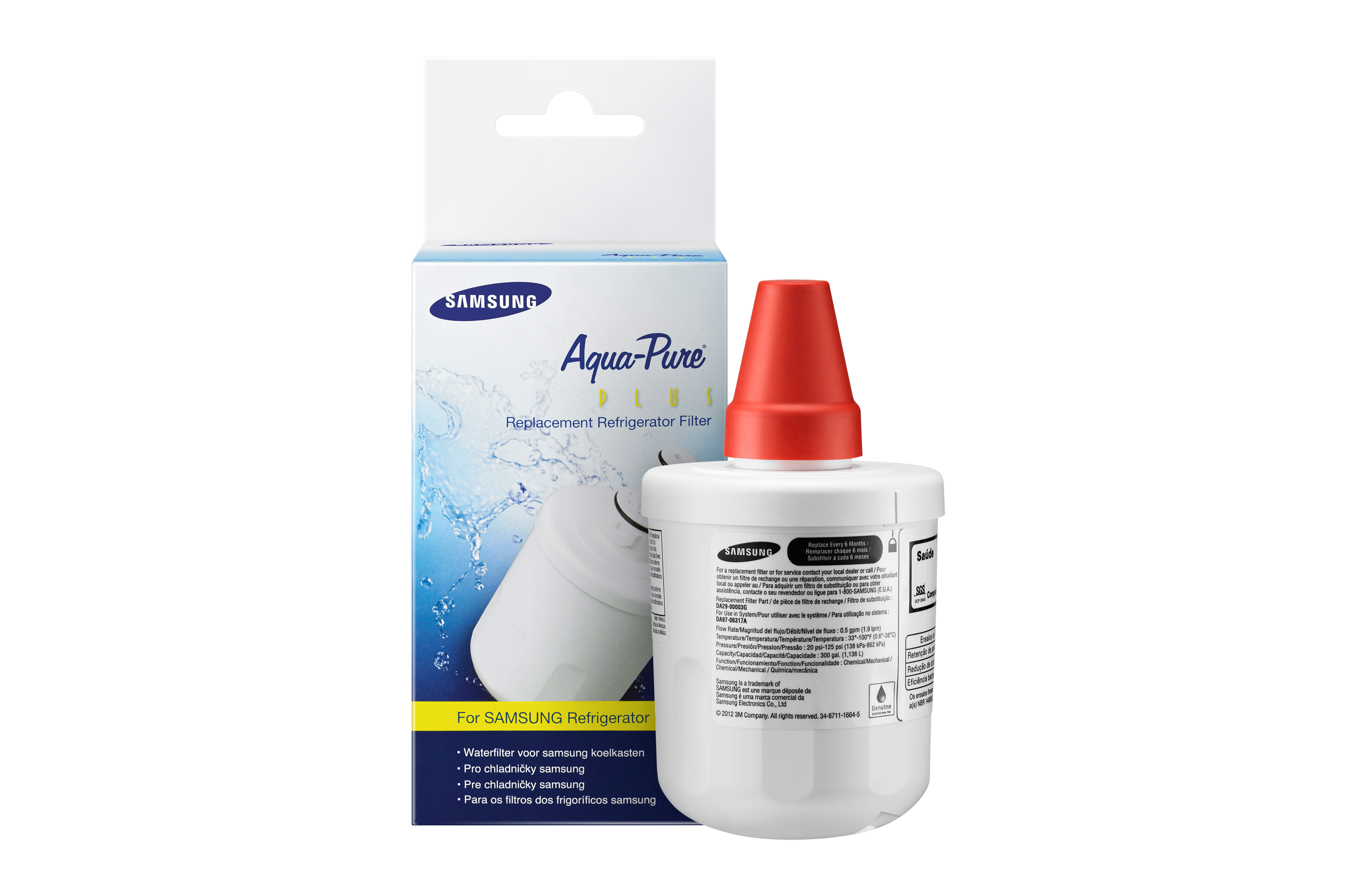 Filtro de repuesto para refrigerador Samsung Aqua-Pure PLUS con embalaje sobre blanco.