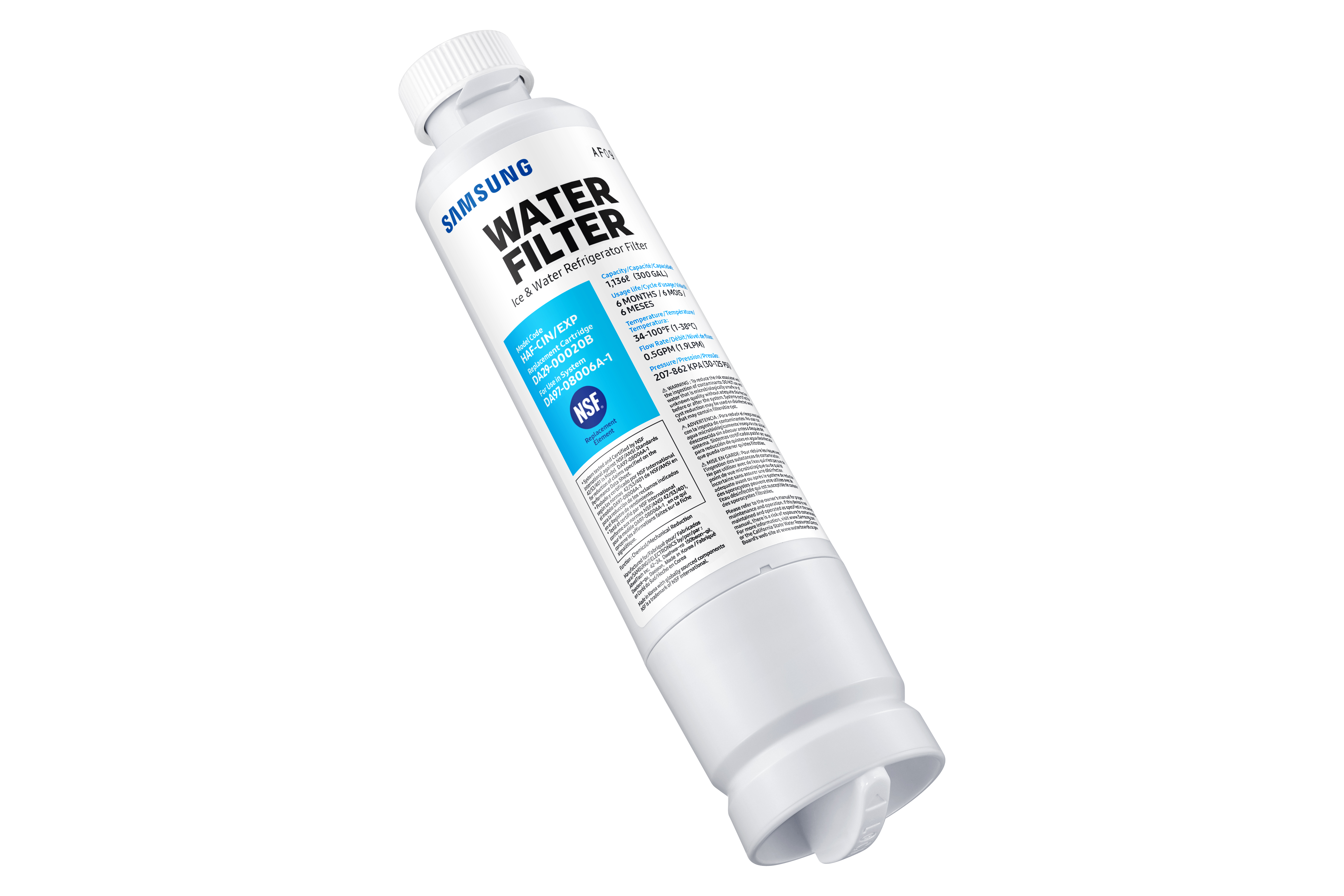 Filtro de agua Samsung blanco con texto azul e información del embalaje, en ángulo sobre fondo blanco.