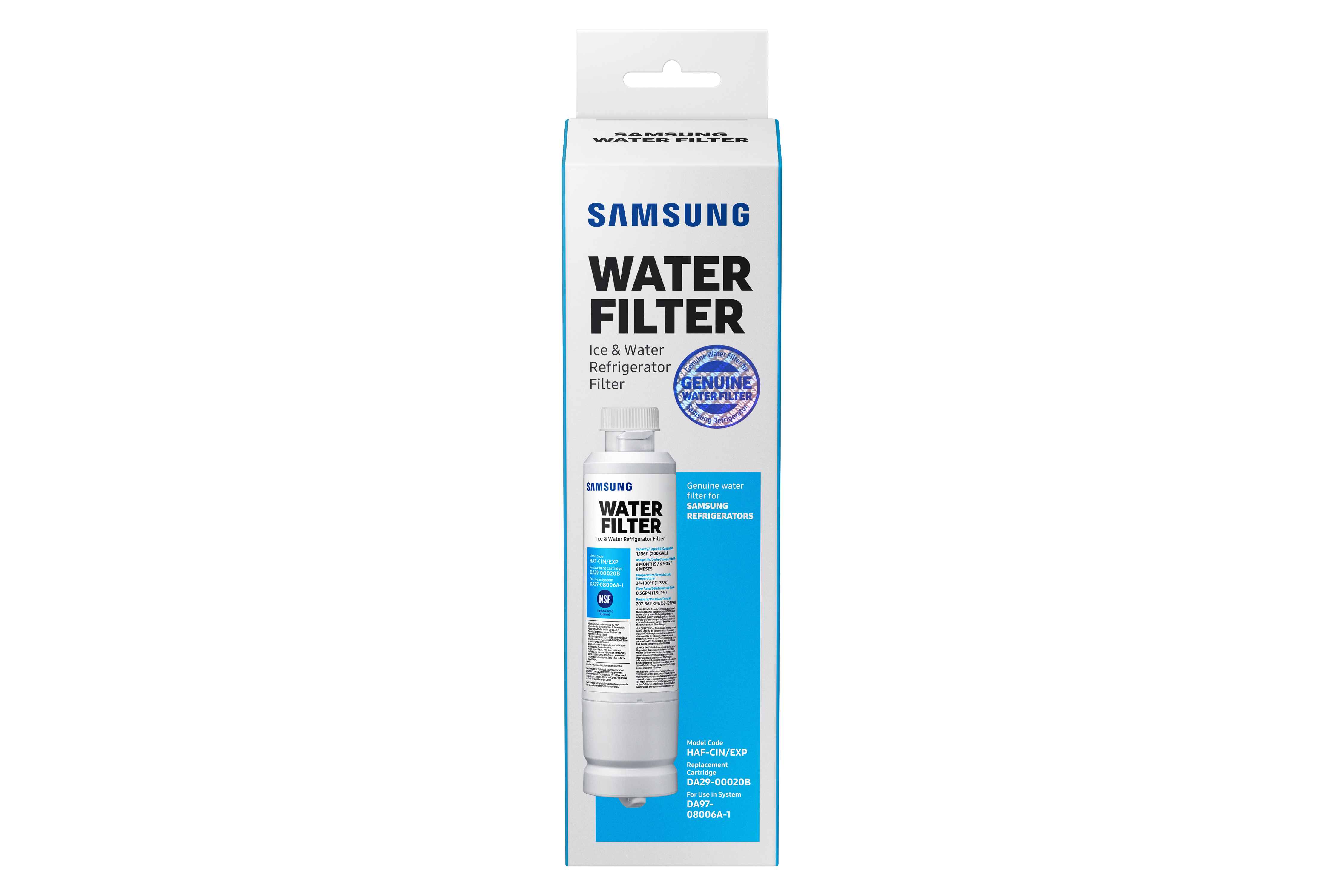 Una caja blanca y azul con un filtro de agua Samsung sobre un fondo blanco, con detalles del producto.