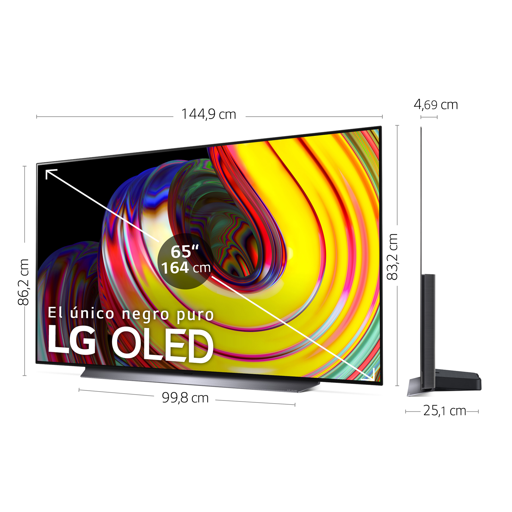 TV LG OLED de 65 pulgadas. La pantalla muestra arte abstracto.