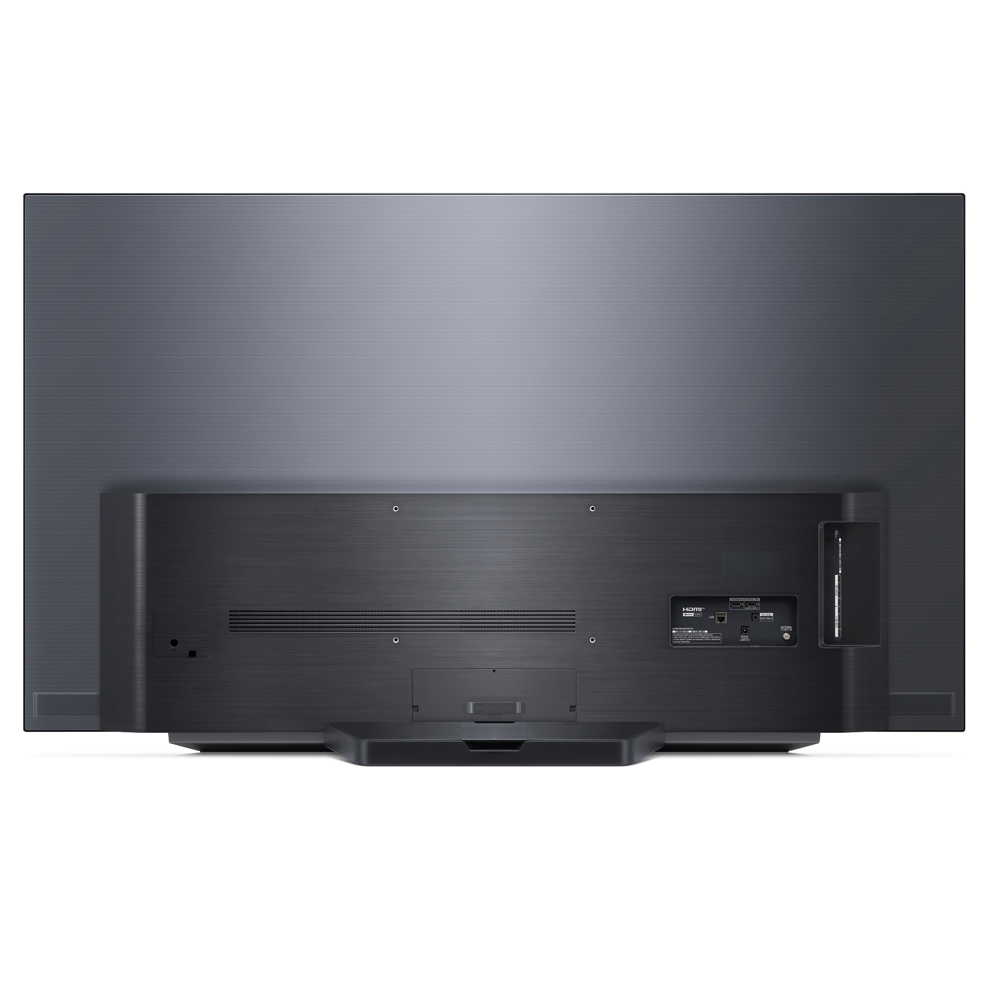 La parte trasera de un televisor LG OLED gris oscuro con puertos y un soporte.