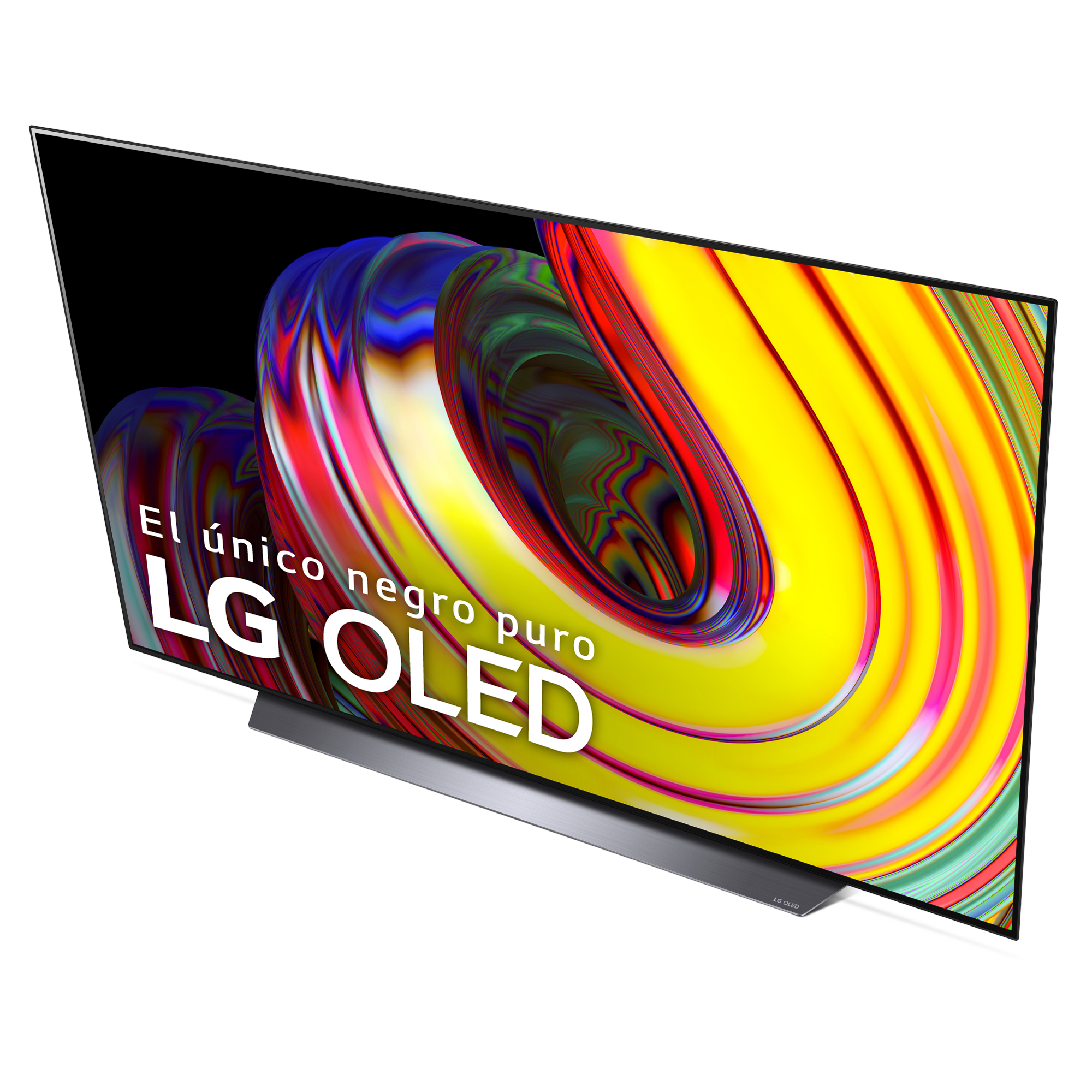 Un televisor moderno con pantalla curva que muestra arte abstracto colorido, ligeramente angulado.