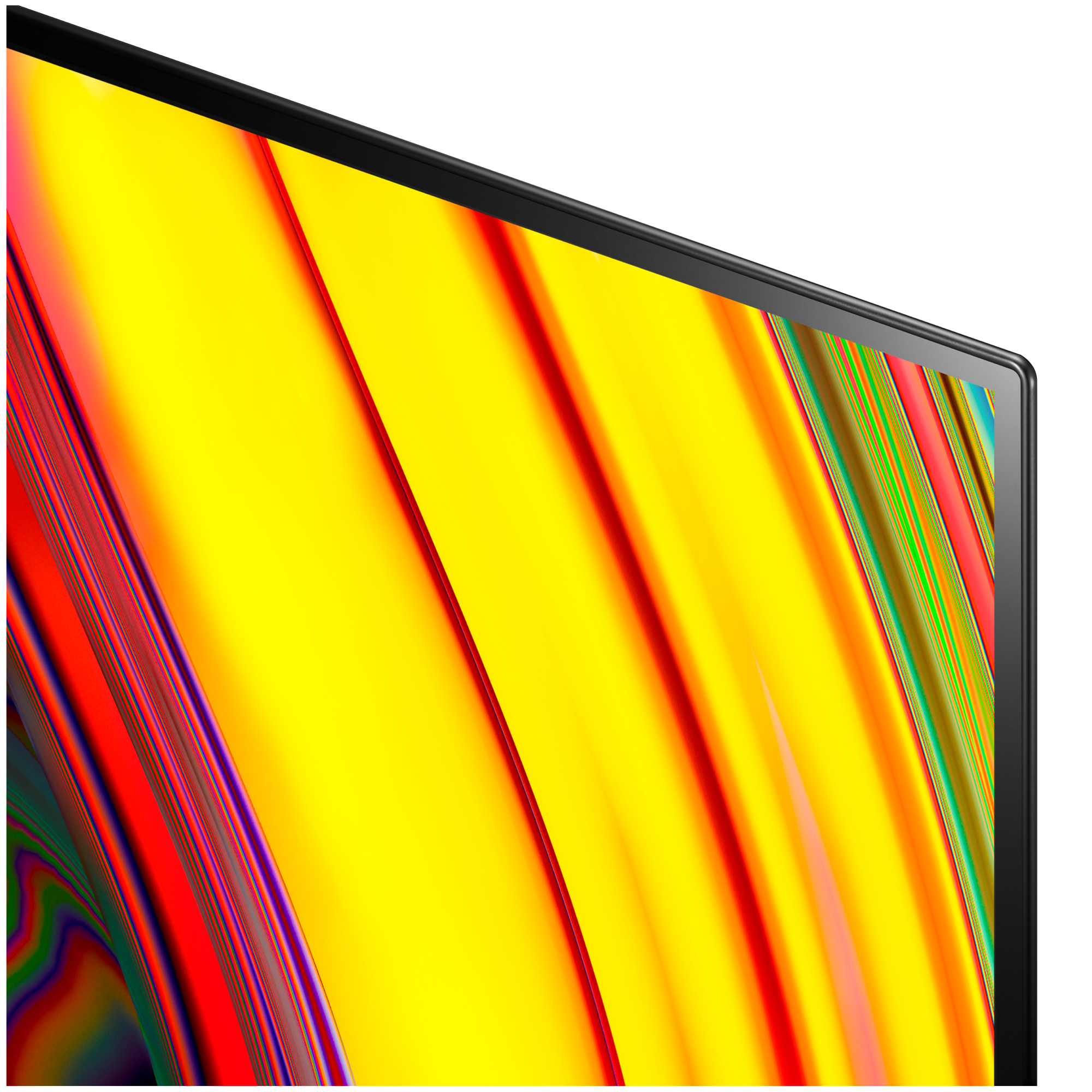 Primer plano de una pantalla de TV. La pantalla muestra colores amarillos y rojos.