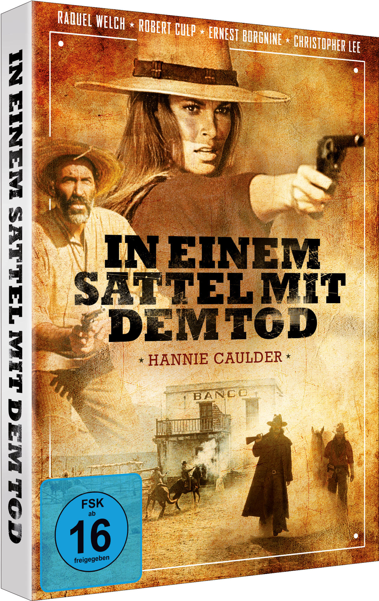 DVD-Cover mit Raquel Welch, Robert Culp und dem Titel 'Hannie Caulder', mit einer Western-Szene.
