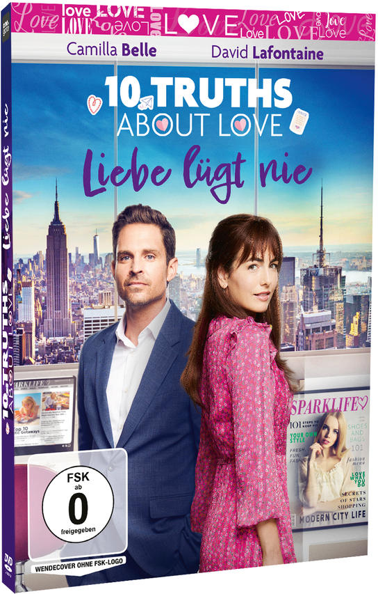 Filmcover: Mann und Frau, Titel '10 Wahrheiten über die Liebe', Stadt im Hintergrund.