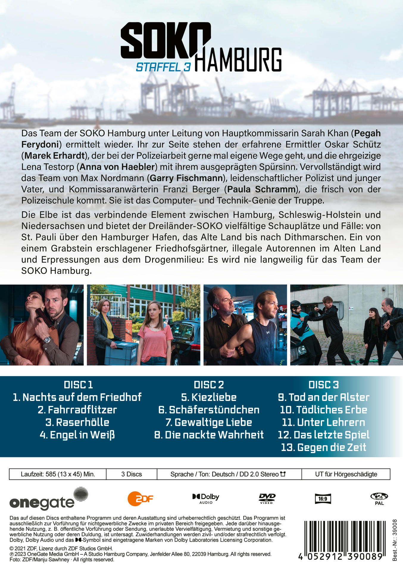 Die Rückseite einer DVD-Hülle für SOKO Hamburg, mit Bildern der Besetzung.