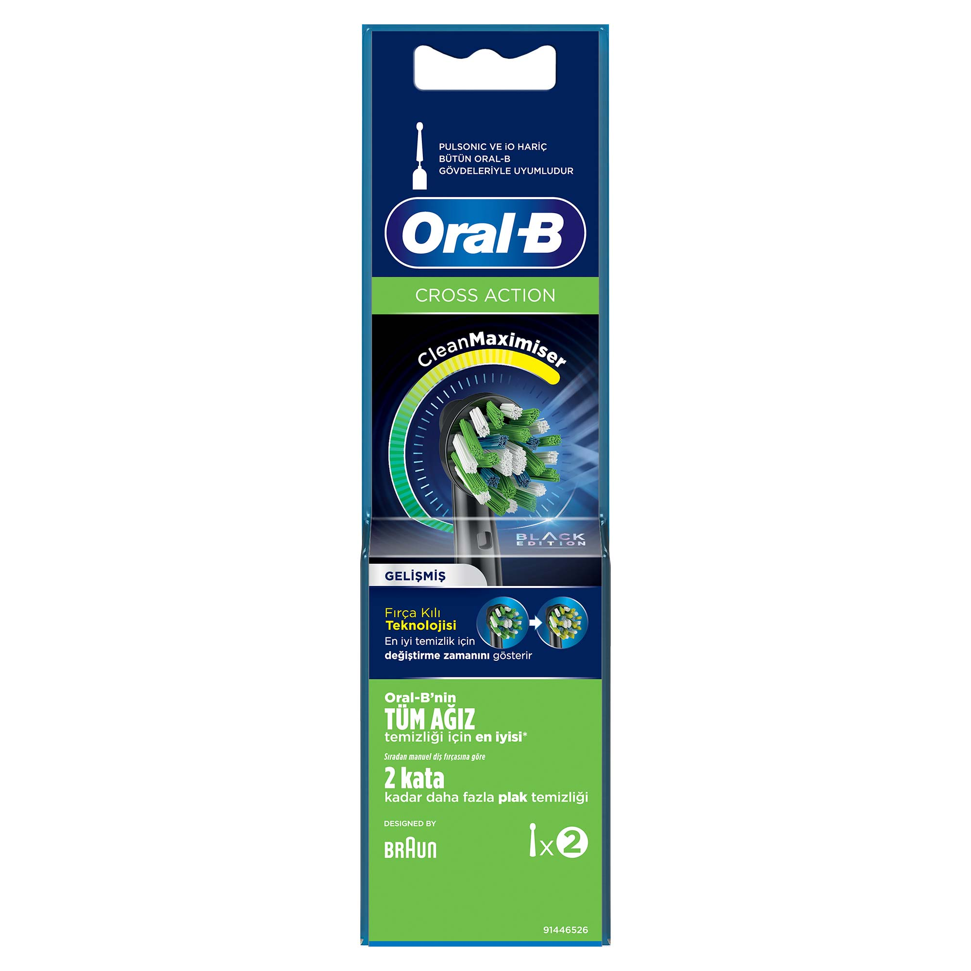 Mavi ambalajda Oral-B Cross Action diş fırçası başlığı. Siyah, beyaz ve yeşil kıllara sahip.