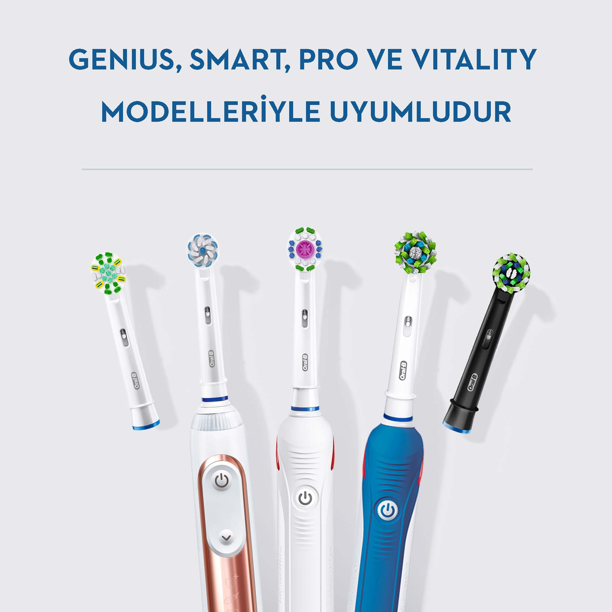 Elektrikli diş fırçası başlıkları bir daire içinde. Çeşitli renkler ve tasarımlar. Birçok modelle uyumlu.