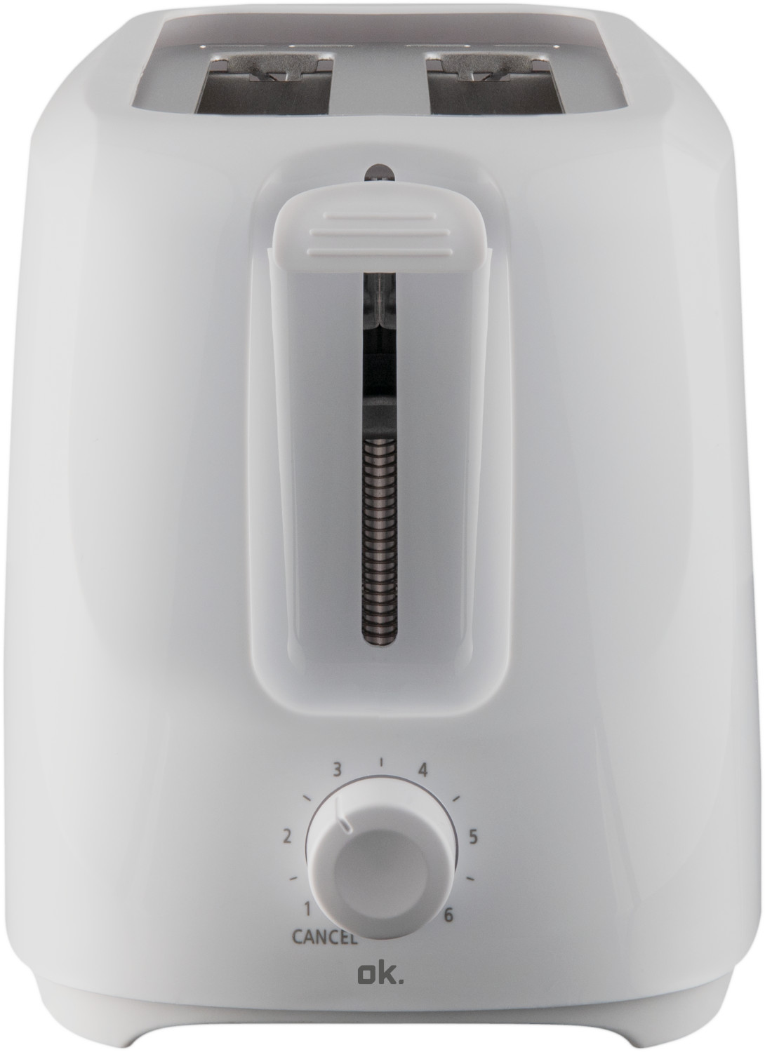 A white toaster with a dial and a lever to lower the bread.