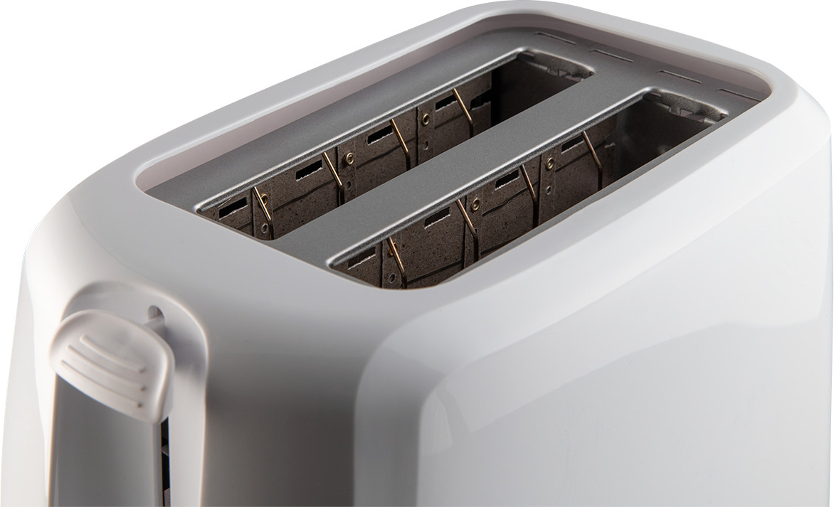 A white toaster, top view, showing the heating elements.