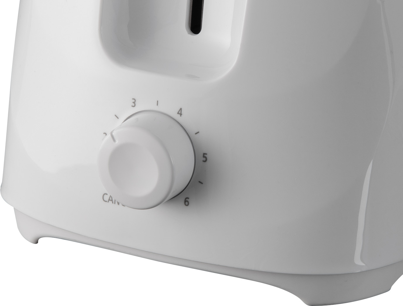 A white toaster with a dial to select the browning level, and a cancel button.