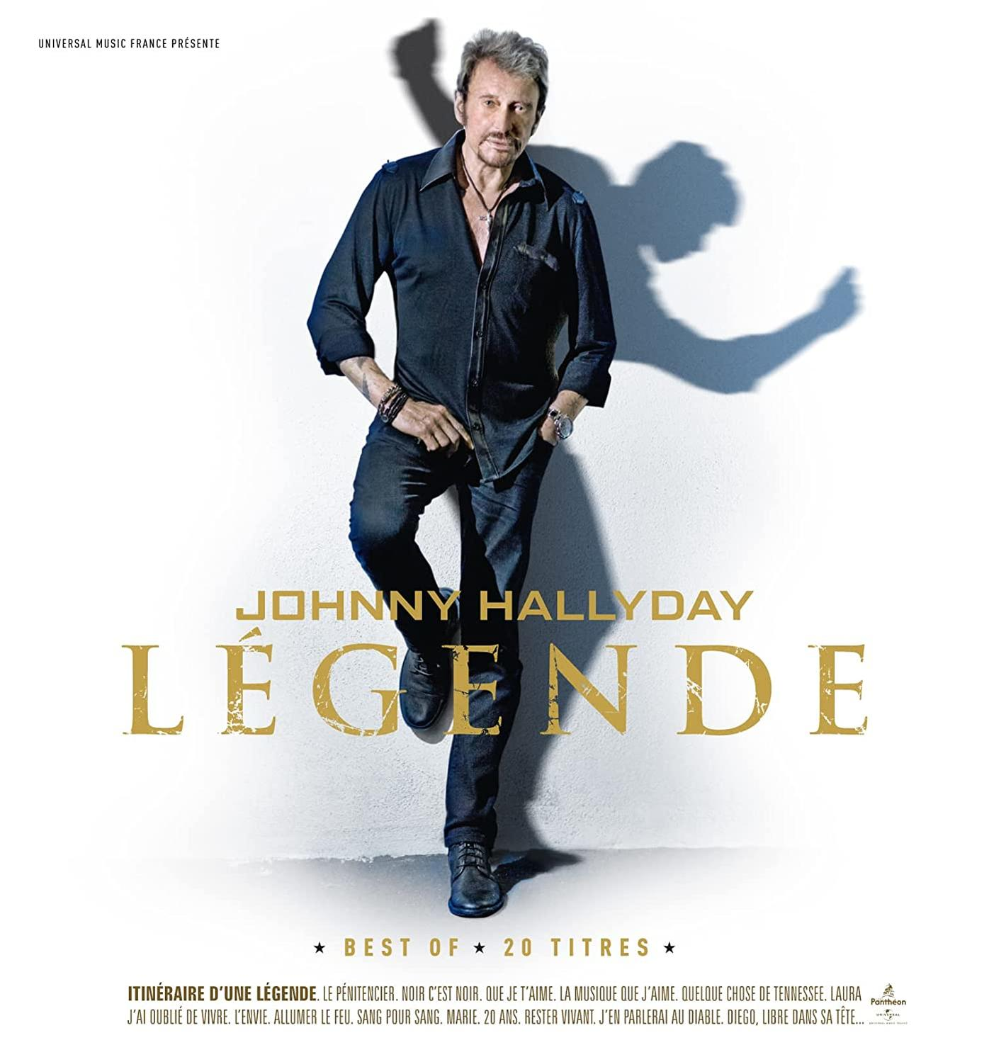 Pochette d'album avec Johnny Hallyday. Chemise noire, pantalon noir. Titre doré 'Legende'.