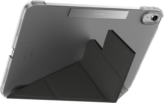 Egy tablet átlátszó tokban, egy állvánnyal megtámasztva. A képernyő hátrafelé néz.