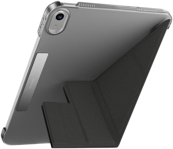 Egy iPad átlátszó tokban, állvánnyal. Az iPad szürke, az állvány sötétszürke.