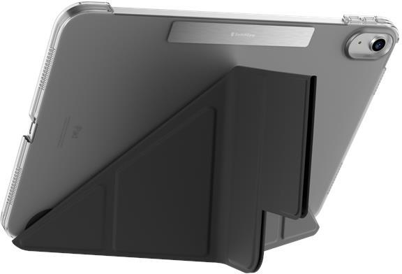 Egy szürke iPad átlátszó tokban, fekete állvánnyal megtámasztva.