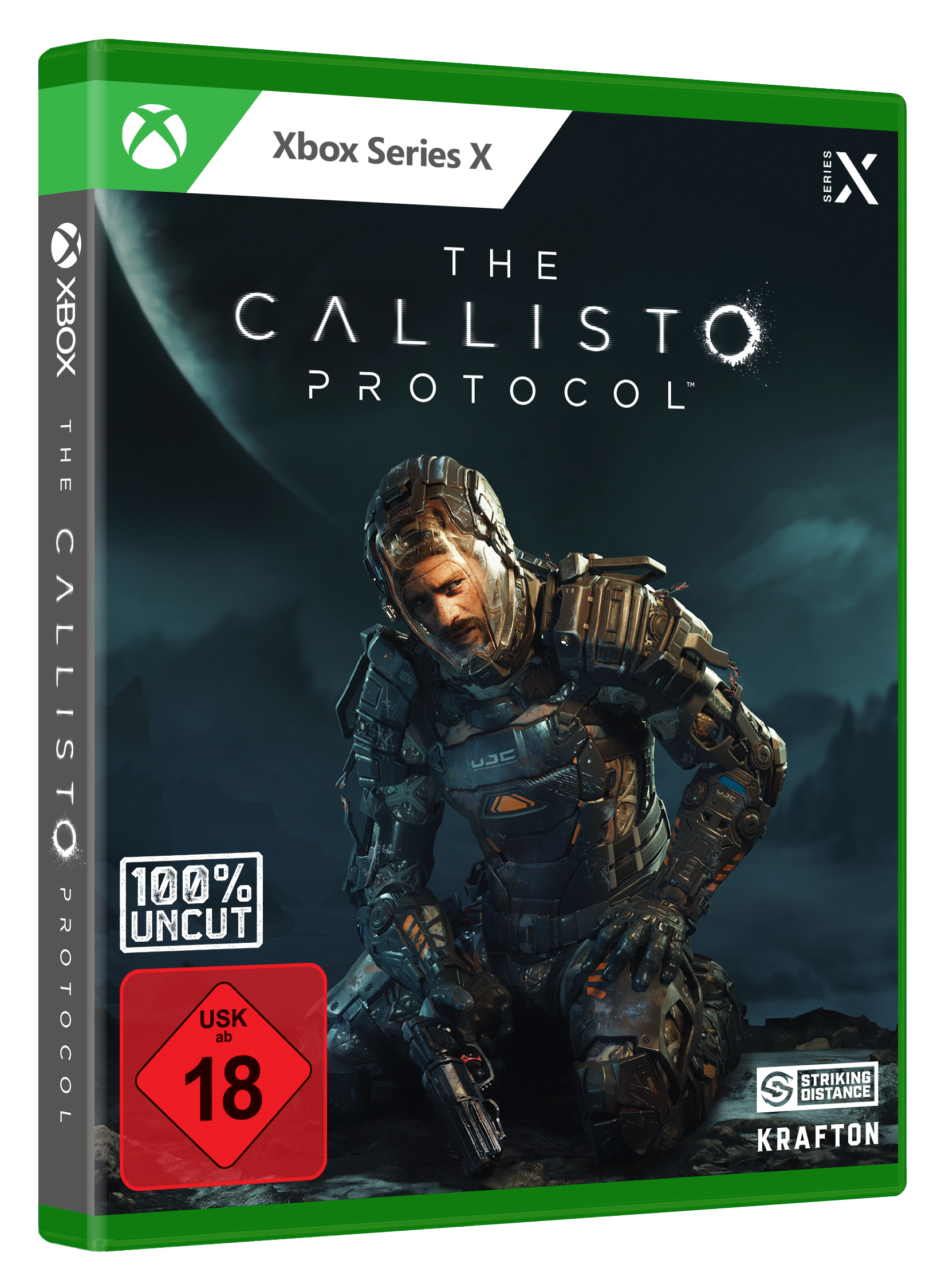 Die Spielbox The Callisto Protocol. Das Cover zeigt einen Mann im Raumanzug, dunkler Hintergrund.