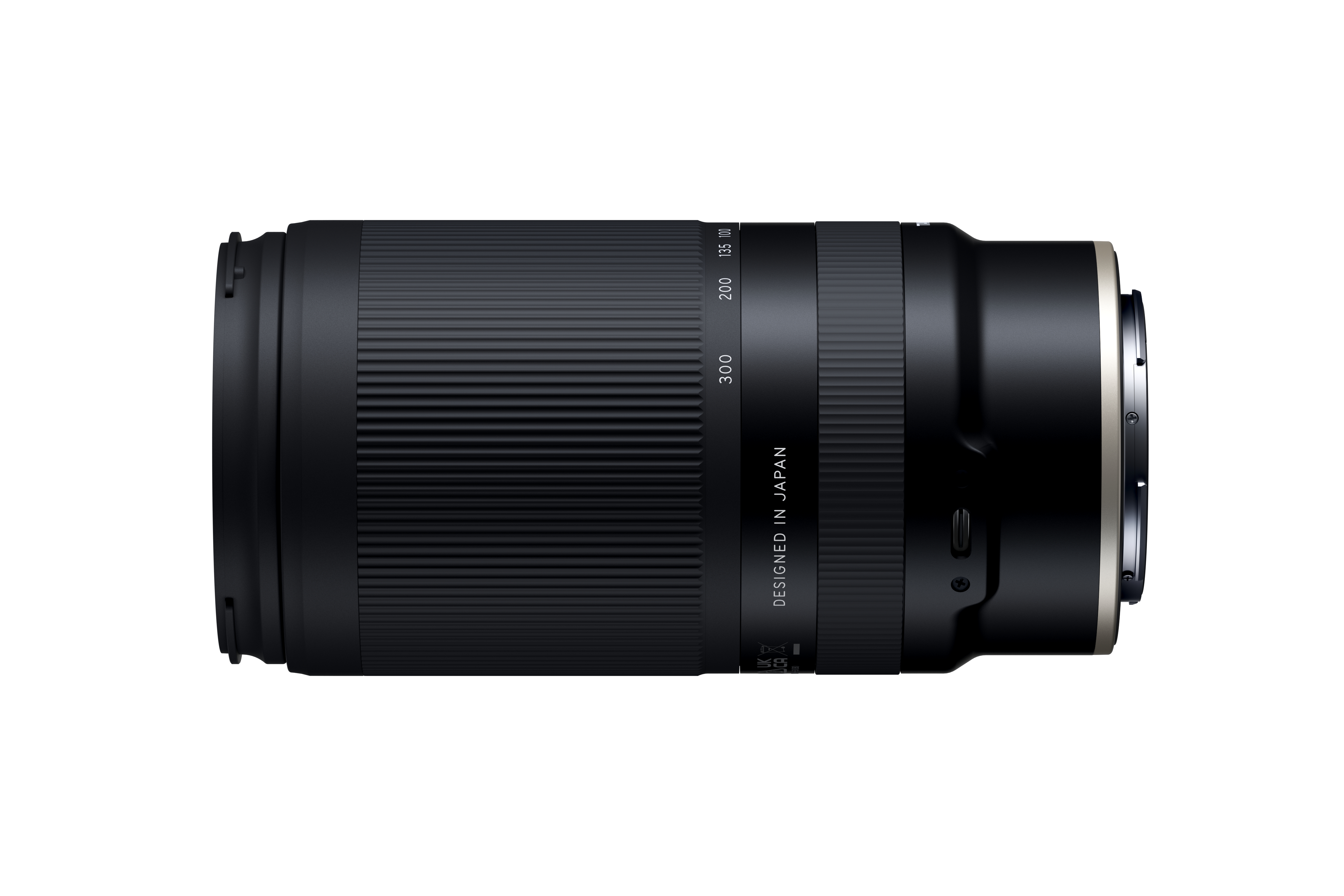 Schwarzes Tamron-Kameraobjektiv, horizontale Ansicht. Objektiv mit Markierungen: 135, 200, 300 und Made in Japan.