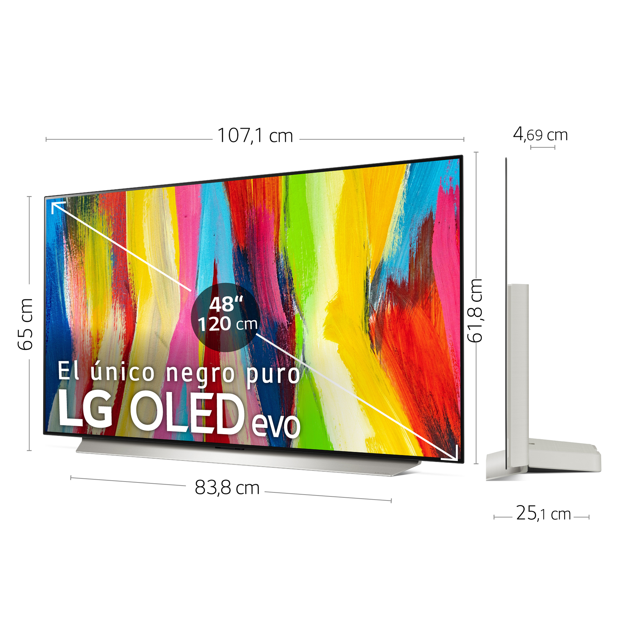 Un televisor grande con pantalla colorida que muestra dimensiones, con un soporte blanco.