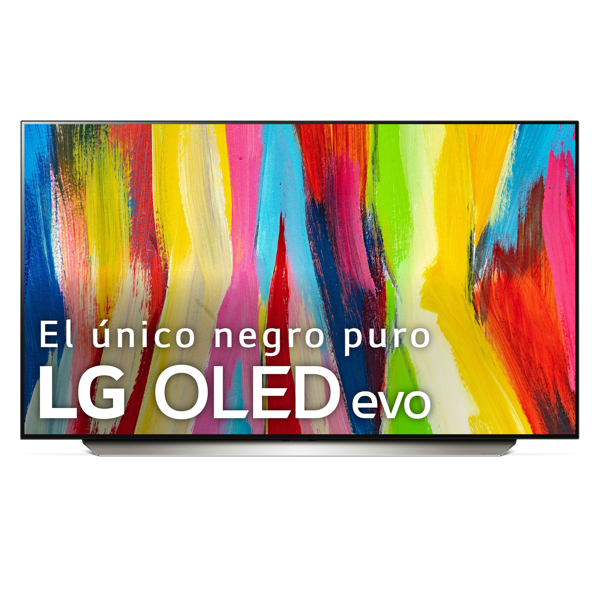 Una pantalla de TV LG OLED evo con trazos de pintura abstractos coloridos y texto.