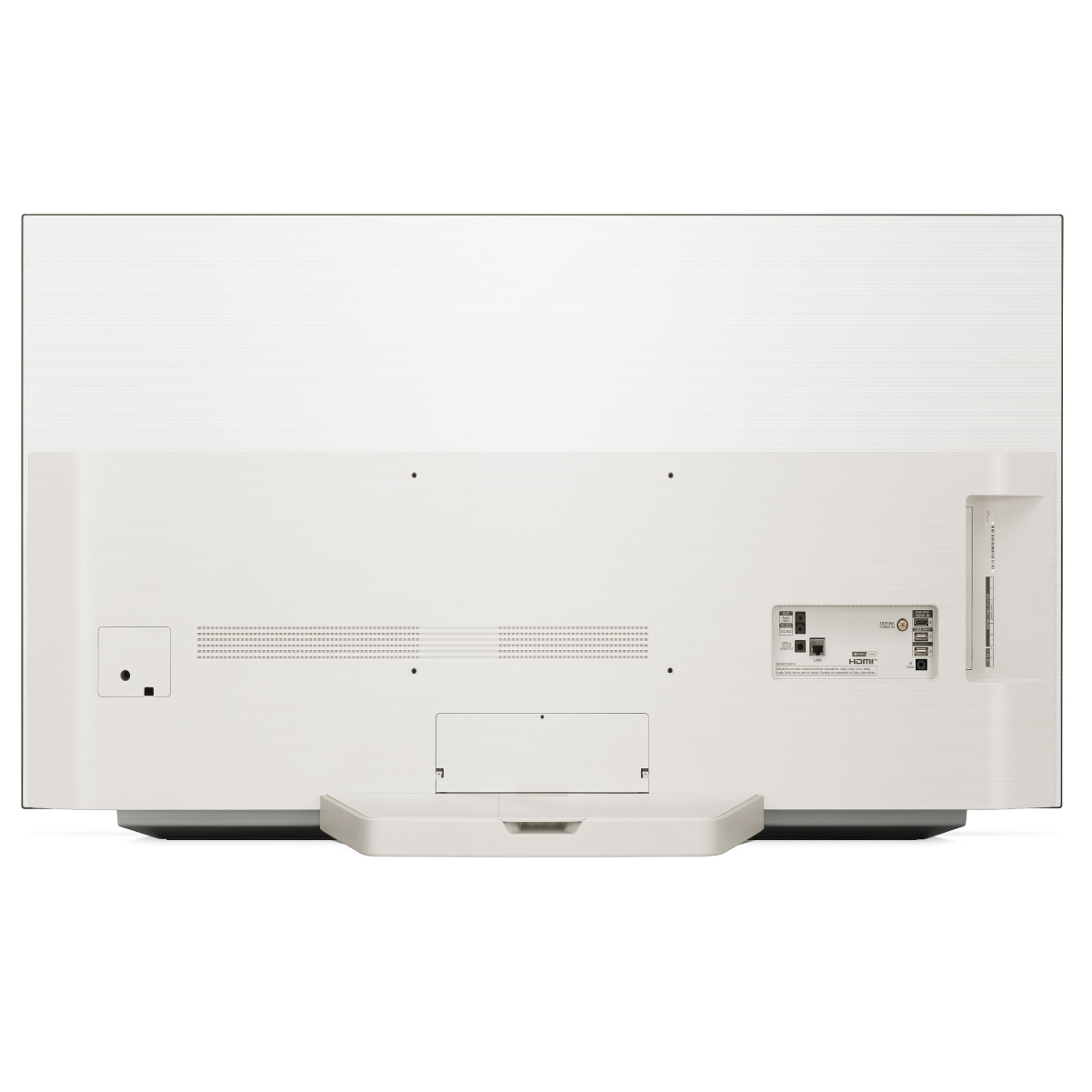 Vista trasera de un televisor LG OLED blanco con puertos y soporte. Color gris y blanco.