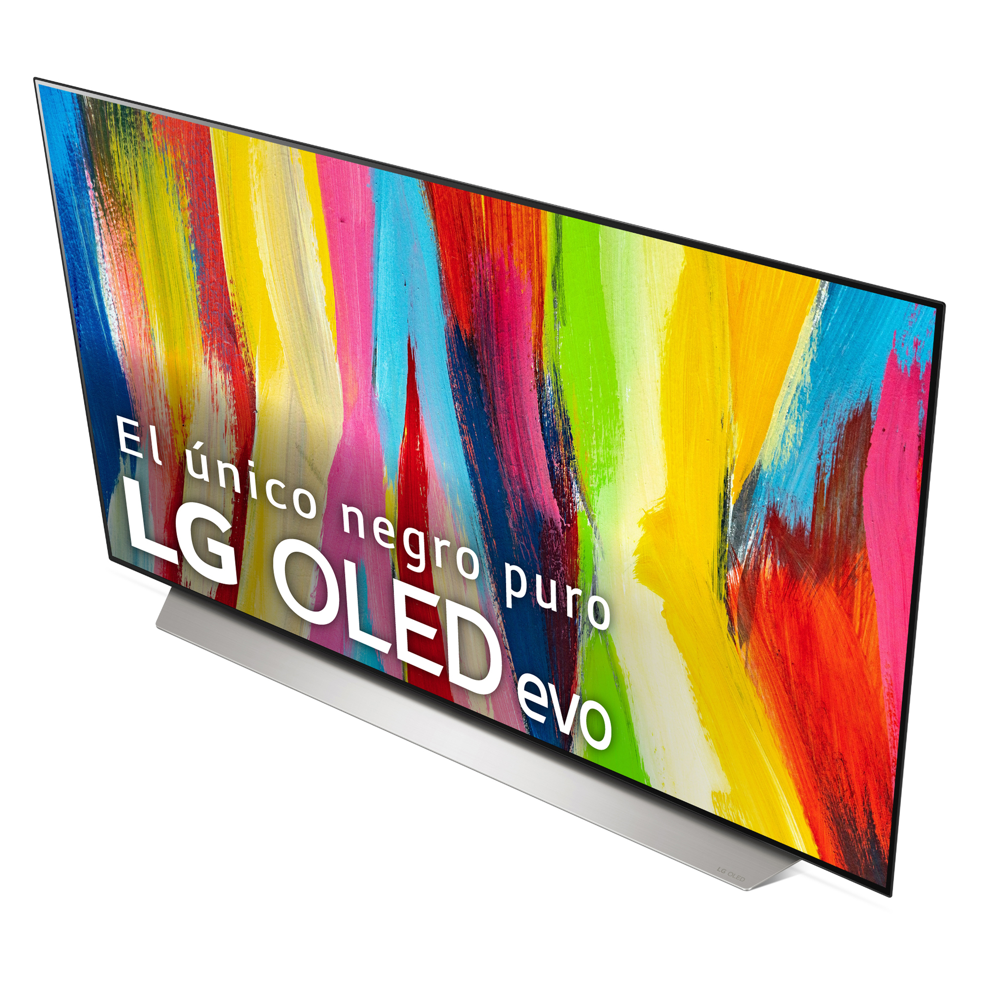 TV LG OLED evo con arte abstracto colorido en la pantalla.
