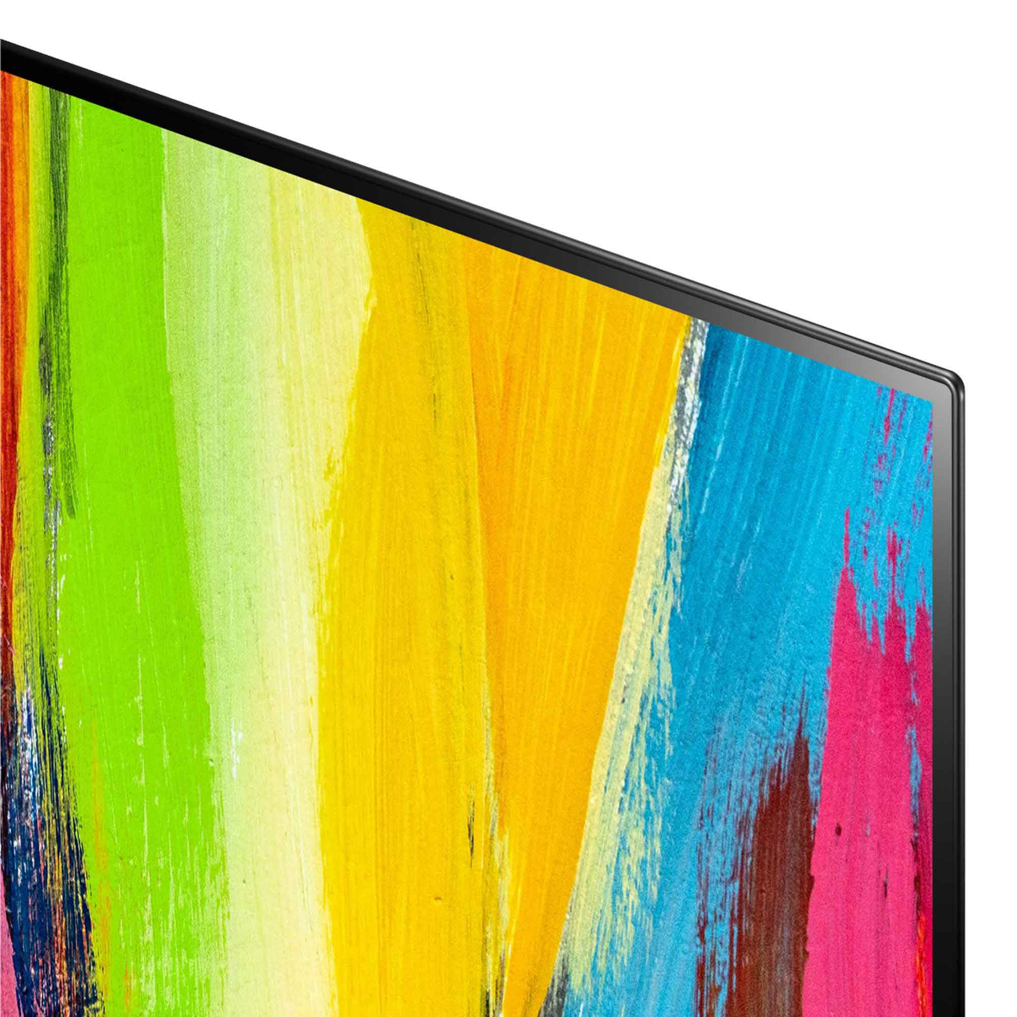 Primer plano de pantalla de TV con pinceladas coloridas, mostrando arte abstracto vibrante.