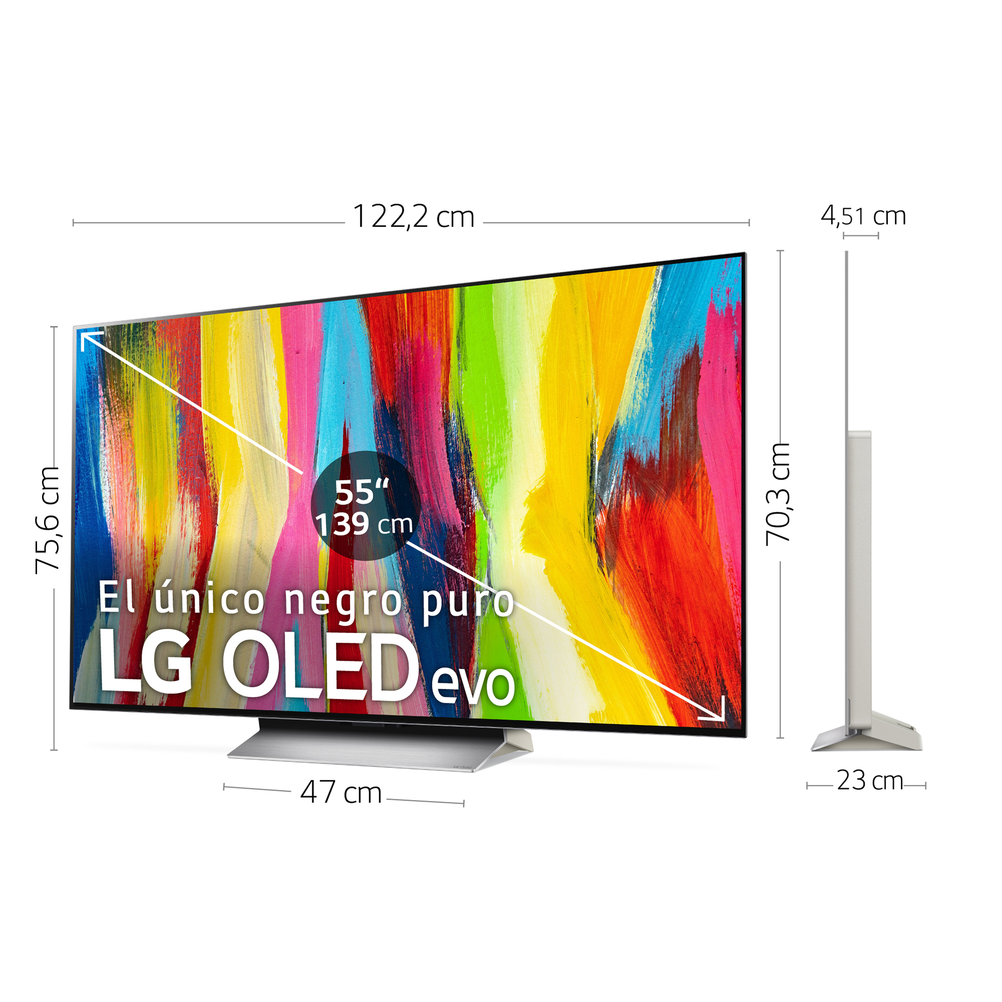 Pantalla de TV grande con imagen colorida. El televisor está sobre un soporte. Se muestran medidas y texto.