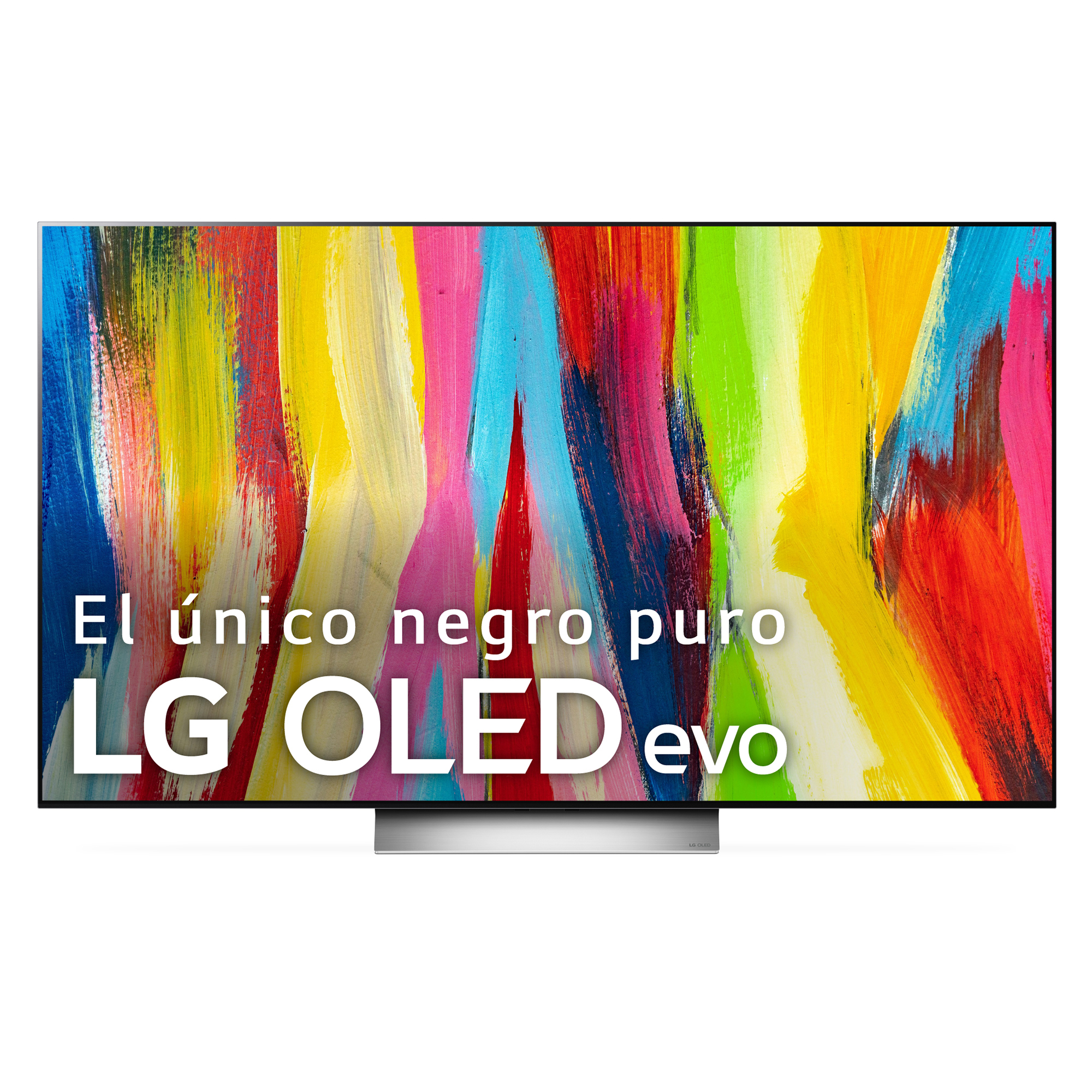 Un gran televisor LG OLED evo muestra arte abstracto colorido con el texto 'El único negro puro'.