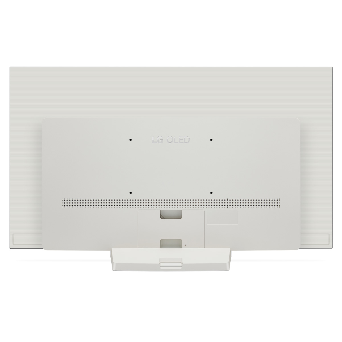 La parte trasera de un televisor LG OLED blanco con el soporte adjunto. El logotipo es visible.
